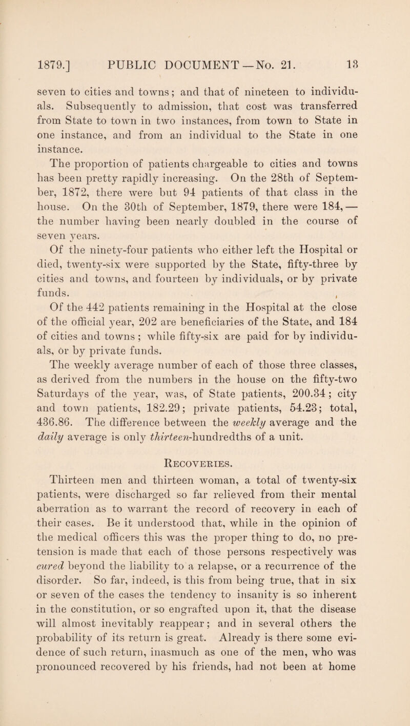 seven to cities and towns; and that of nineteen to individu¬ als. Subsequently to admission, that cost was transferred from State to town in two instances, from town to State in one instance, and from an individual to the State in one instance. The proportion of patients chargeable to cities and towns has been pretty rapidly increasing. On the 28th of Septem¬ ber, 1872, there were but 91 patients of that class in the house. On the 30th of September, 1879, there were 184,— the number having been nearly doubled in the course of seven years. Of the ninety-four patients who either left the Hospital or died, twenty-six were supported by the State, fifty-three by cities and towns, and fourteen by individuals, or by private funds. , Of the 442 patients remaining in the Hospital at the close of the official year, 202 are beneficiaries of the State, and 184 of cities and towns ; while fifty-six are paid for by individu¬ als, or by private funds. The weekly average number of each of those three classes, as derived from the numbers in the house on the fifty-two Saturdays of the }^ear, was, of State patients, 200.34; city and town patients, 182.29; private patients, 54.23; total, 436.86. The difference between the weekly average and the daily average is only tfAzVteen-hundredths of a unit. Recoveries. Thirteen men and thirteen woman, a total of twenty-six patients, were discharged so far relieved from their mental aberration as to warrant the record of recovery in each of their cases. Be it understood that, while in the opinion of the medical officers this was the proper thing to do, no pre¬ tension is made that each of those persons respectively was cured beyond the liability to a relapse, or a recurrence of the disorder. So far, indeed, is this from being true, that in six or seven of the cases the tendency to insanity is so inherent in the constitution, or so engrafted upon it, that the disease will almost inevitably reappear; and in several others the probability of its return is great. Already is there some evi¬ dence of such return, inasmuch as one of the men, who was pronounced recovered by his friends, had not been at home