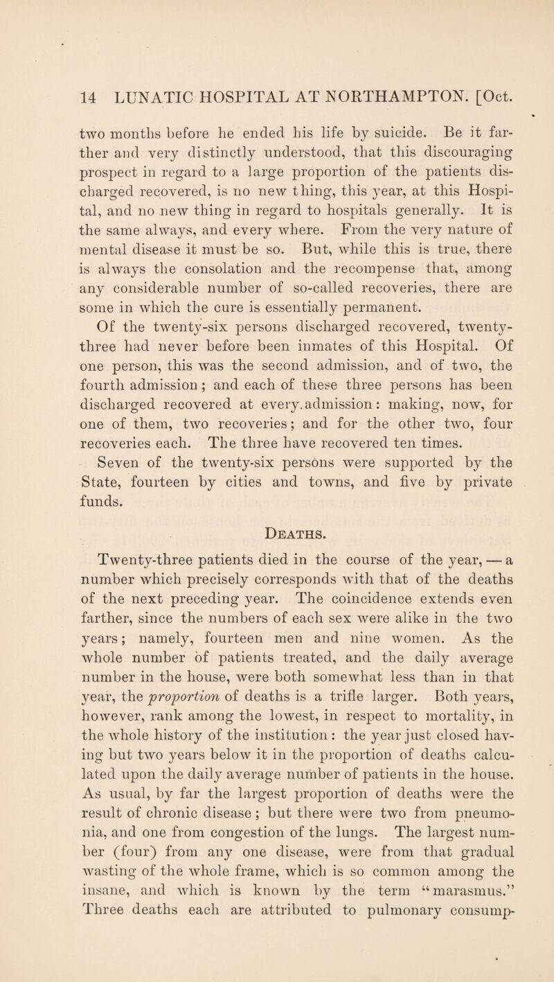 two months before he ended his life by suicide. Be it far¬ ther and very distinctly understood, that this discouraging prospect in regard to a large proportion of the patients dis¬ charged recovered, is no new thing, this year, at this Hospi¬ tal, and no new thing in regard to hospitals generally. It is the same always, and every where. From the very nature of mental disease it must be so. But, while this is true, there is always the consolation and the recompense that, among any considerable number of so-called recoveries, there are some in which the cure is essentially permanent. Of the twenty-six persons discharged recovered, twenty- three had never before been inmates of this Hospital. Of one person, this was the second admission, and of two, the fourth admission; and each of these three persons has been discharged recovered at every, admission: making, now, for one of them, two recoveries; and for the other two, four recoveries each. The three have recovered ten times. Seven of the twenty-six persons were supported by the State, fourteen by cities and towns, and five by private funds. Deaths. Twenty-three patients died in the course of the year, — a number which precisely corresponds with that of the deaths of the next preceding year. The coincidence extends even farther, since the numbers of each sex were alike in the two years; namely, fourteen men and nine women. As the whole number of patients treated, and the daily average number in the house, were both somewhat less than in that year, the proportion of deaths is a trifle larger. Both years, however, rank among the lowest, in respect to mortality, in the whole history of the institution : the year just closed hav¬ ing but two years below it in the proportion of deaths calcu¬ lated upon the daily average number of patients in the house. As usual, by far the largest proportion of deaths were the result of chronic disease; but there were two from pneumo¬ nia, and one from congestion of the lungs. The largest num¬ ber (four) from any one disease, were from that gradual wasting of the whole frame, which is so common among the insane, and which is known by the term “marasmus.” Three deaths each are attributed to pulmonary consump-