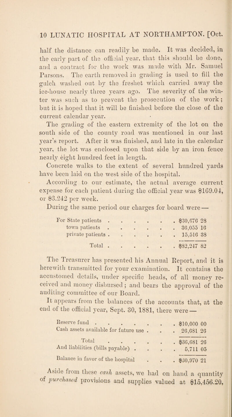 half the distance can readily be made. It was decided, in the early part of the official year, that this should be done, and a contract for the work was made with Mr. Samuel Parsons. The earth removed in grading is used to till the gulch washed out by the freshet which carried away the ice-house nearly three years ago. The severity of the win¬ ter was such as to prevent the prosecution of the work ; but it is hoped that it will be finished before the close of the current calendar year. The grading of the eastern extremity of the lot on the south side of the county road was mentioned in our last year’s report. After it was finished, and late in the calendar year, the lot was enclosed upon that side by an iron fence nearly eight hundred feet in length. Concrete walks to the extent of several hundred yards have been laid on the west side of the hospital. According to our estimate, the actual average current expense for each patient during the official year was $169.04, or S3.242 per week. During the same period our charges for board were — For State patients town patients private patients . . $30,G7G 28 . 30,055 10 . 15,510 38 Total . $S2,217 82 The Treasurer lias presented his Annual Report, and it is herewith transmitted for your examination. It contains the accustomed details, under specific heads, of all money re¬ ceived and money disbursed ; and bears the approval of the auditing committee of our Board. It appears from the balances of the accounts that, at the end of the official year, Sept. 30, 1881, there were — Reserve fund. Cash assets available for future use . . $10,000 00 . 20,0S1 20 Total And liabilities (bills payable) . Balance in favor of the hospital . $3G,GS1 20 5,711 05 . $30,970 21 Aside fiom these cash assets, we had on hand a quantity of purchased provisions and supplies valued at 115,456.20,