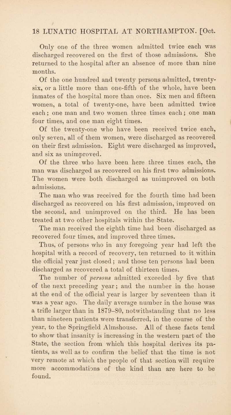 Only one of the three women admitted twice each was discharged recovered on the first of those admissions. She O returned to the hospital after an absence of more than nine months. Of the one hundred and twenty persons admitted, twenty- six, or a little more than one-fifth of the whole, have been inmates of the hospital more than once. Six men and fifteen women, a total of twenty-one, have been admitted twice each; one man and two women three times each; one man four times, and one man eight times. Of the twenty-one who have been received twice each, only seven, all of them women, were discharged as recovered on their first admission. Eight were discharged as improved, and six as unimproved. Of the three who have been here three times each, the man was discharged as recovered on his first two admissions. The women were both discharged as unimproved on both admissions. The man who was received for the fourth time had been discharged as recovered on his first admission, improved on the second, and unimproved on the third. He has been treated at two other hospitals within the State. The man received the eighth time had been discharged as recovered four times, and improved three times. Thus, of persons who in any foregoing year had left the hospital with a record of recovery, ten returned to it within the official year just closed; and those ten persons had been discharged as recovered a total of thirteen times. The number of persons admitted exceeded by five that of the next preceding year; and the number in the house at the end of the official year is larger by seventeen than it was a year ago. The daily average number in the house was a trifle larger than in 1879-80, notwithstanding that no less than nineteen patients were transferred, in the course of the year, to the Springfield Almshouse. All of these facts tend to show that insanity is increasing in the western part of the State, the section from which this hospital derives its pa¬ tients, as well as to confirm the belief that the time is not very remote at which the people of that section will require more accommodations of the kind than are here to be found.