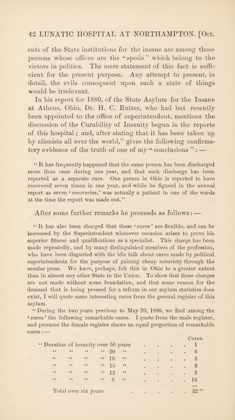 ents of the State institutions for the insane are among those persons whose offices are the “spoils” which belong to the victors in politics. The mere statement of this fact is suffi¬ cient for the present purpose. Any attempt to present, in detail, the evils consequent upon such a state of things would be irrelevant. In his report for 1880, of the State Asylum for the Insane at Athens, Ohio, Dr. H. C. Rutter, who had but recently been appointed to the office of superintendent, mentions the discussion of the Curability of Insanity begun in the reports of this hospital; and, after stating that it has been taken up by alienists all over the world,” gives the following confirma¬ tory evidence of the truth of one of my “ conclusions ” : — “ It has frequently happened that the same person has been discharged more than once during one year, and that each discharge has been reported as a separate cure. One person in Ohio is reported to have recovered seven times in one year, and while he figured in the annual report as seven ‘recoveries,’ was actually a patient in one of the wards at the time the report was made out. ’ ’ After some further remarks he proceeds as follows: — “ It has also been charged that these ‘ cures ’ are flexible, and can be increased by the Superintendent whenever occasion arises to prove his superior fitness and qualifications as a specialist. This charge has been made repeatedly, and by many distinguished members of the profession, who have been disgusted with the idle talk about cures made by political superintendents for the purpose of gaining cheap notoriety through the secular press. We have, perhaps, felt this in Ohio to a greater extent than in almost any other State in the Union. To show that these charges are not made without some foundation, and that some reason for the demand that is being pressed for a reform in our asylum statistics does exist, I will quote some interesting cures from the general register of this asylum. “During the two years previous to May 20, 1880, we find among the ‘ cures ’ the following remarkable cases. I quote from the male register, and presume the female register shows an equal proportion of remarkable cures : — Cures. “ Duration of insanity over 50 years . . . . 1 “ “ “ “ °0 “ . . . .6 u “ “ “ 18 “ . 3 “ “ “ “15 “ . . . .3 “ “ “ “ 12 “ . . . .3 “ “ “ “ 6 “ .... 16 years Total over six . 32 ”