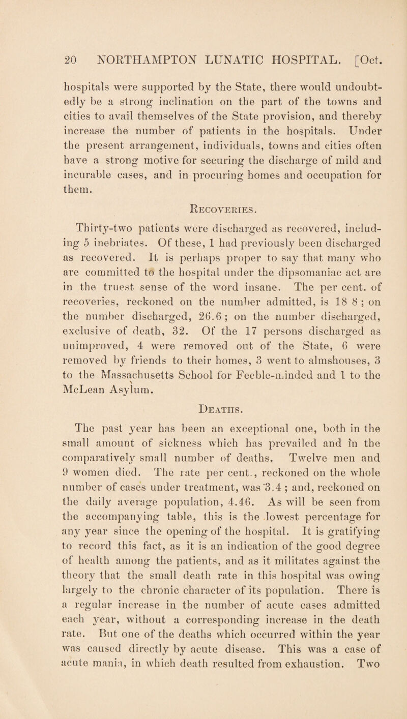 hospitals were supported by the State, there would undoubt¬ edly be a strong inclination on the part of the towns and cities to avail themselves of the State provision, and thereby increase the number of patients in the hospitals. Under the present arrangement, individuals, towns and cities often have a strong motive for securing the discharge of mild and incurable cases, and in procuring homes and occupation for them. Recoveries. Thirty-two patients were discharged as recovered, includ¬ ing 5 inebriates. Of these, 1 had previously been discharged as recovered. It is perhaps proper to say that many who are committed to the hospital under the dipsomaniac act are in the truest sense of the word insane. The per cent, of recoveries, reckoned on the number admitted, is 18 8 ; on the number discharged, 26.6; on the number discharged, exclusive of death, 32. Of the 17 persons discharged as unimproved, 4 were removed out of the State, 6 were removed by friends to their homes, 3 went to almshouses, 3 to the Massachusetts School for Feeble-minded and 1 to the McLean Asylum. Deaths. The past year has been an exceptional one, both in the small amount of sickness which has prevailed and in the comparatively small number of deaths. Twelve men and 9 women died. The rate per cent., reckoned on the whole number of cases under treatment, was'3.4 ; and, reckoned on the daily average population, 4.46. As will be seen from the accompanying table, this is the lowest percentage for any year since the opening of the hospital. It is gratifying to record this fact, as it is an indication of the good degree of health among the patients, and as it militates against the theory that the small death rate in this hospital was owing largely to the chronic character of its population. There is a regular increase in the number of acute cases admitted each year, without a corresponding increase in the death rate. But one of the deaths which occurred within the year was caused directly by acute disease. This was a case of acute mania, in which death resulted from exhaustion. Two