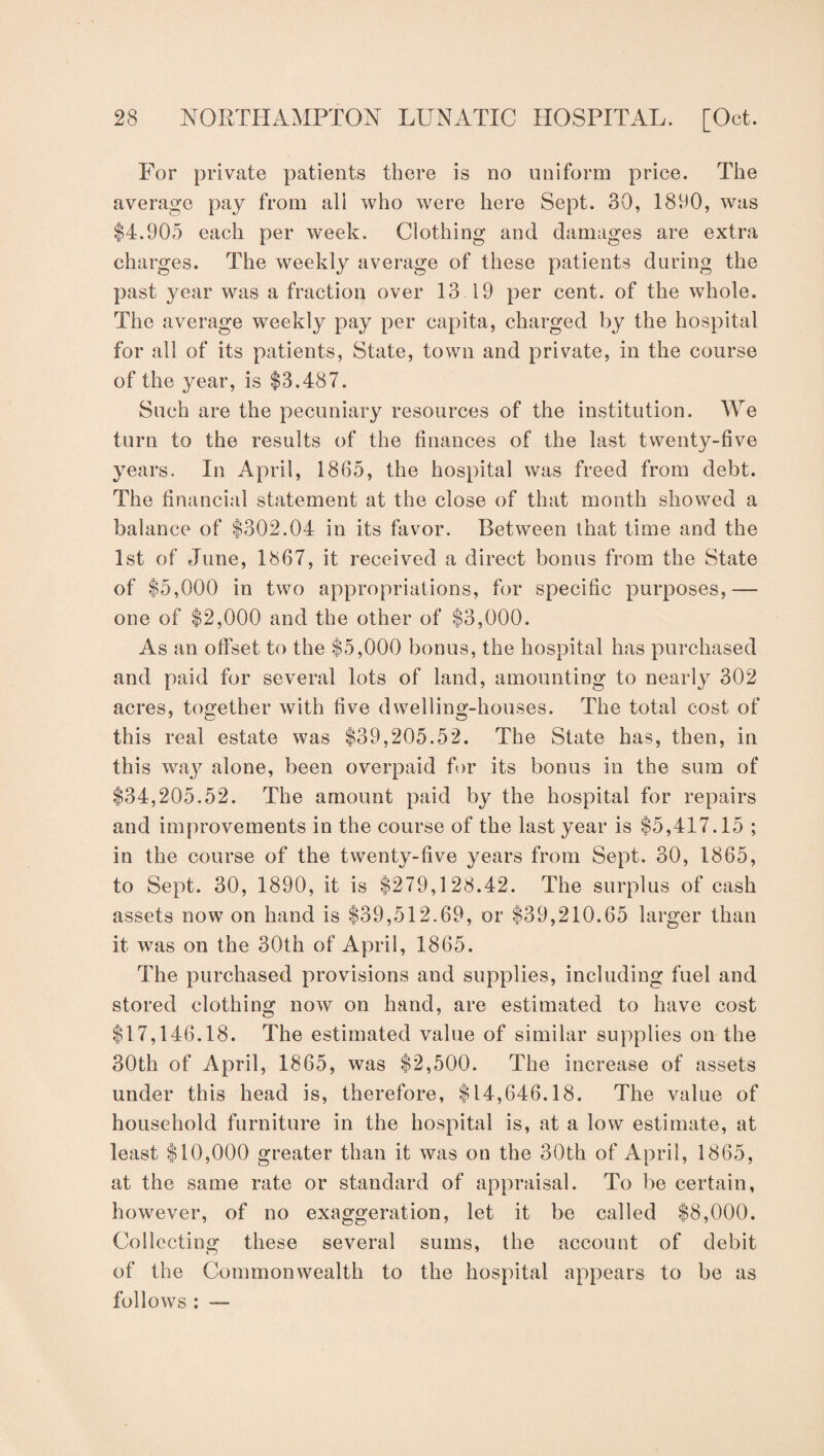 For private patients there is no uniform price. The average pay from all who were here Sept. 30, 1800, was $4,905 each per week. Clothing and damages are extra charges. The weekly average of these patients during the past year was a fraction over 13 19 per cent, of the whole. The average weekly pay per capita, charged by the hospital for all of its patients. State, town and private, in the course of the year, is $3,487. Such are the pecuniary resources of the institution. We turn to the results of the finances of the last twenty-five years. In April, 1865, the hospital was freed from debt. The financial statement at the close of that month showed a balance of $302.04 in its favor. Between that time and the 1st of June, 1867, it received a direct bonus from the State of $5,000 in two appropriations, for specific purposes,— one of $2,000 and the other of $3,000. As an offset to the $5,000 bonus, the hospital has purchased and paid for several lots of land, amounting to nearly 302 acres, tosfether with five dwellinoj-houses. The total cost of this real estate was $39,205.52. The State has, then, in this way alone, been overpaid for its bonus in the sum of $34,205.52. The amount paid by the hospital for repairs and imf)rovements in the course of the last year is $5,417.15 ; in the course of the twenty-five years from Sept. 30, 1865, to Sept. 30, 1890, it is $279,128.42. The surplus of cash assets now on hand is $39,512.69, or $39,210.65 larger than it was on the 30th of April, 1865. The purchased provisions and supplies, including fuel and stored clothing now on hand, are estimated to have cost $17,146.18. The estimated value of similar supplies on the 30th of April, 1865, was $2,500. The increase of assets under this head is, therefore, $14,646.18. The value of household furniture in the hospital is, at a low estimate, at least $10,000 greater than it was on the 30th of April, 1865, at the same rate or standard of appraisal. To be certain, however, of no exaggeration, let it be called $8,000. Collecting these several sums, the account of debit of the Commonwealth to the hospital appears to be as follows : —