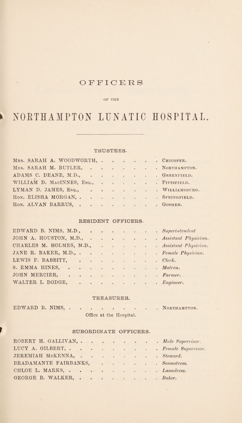 OFFICERS OF THE > NORTHAMPTON LUNATIC HOSPITAL. TRUSTEES. Mrs. SARAH A. WOODWORTH, . Mrs. SARAH M. BUTLER, .... ADAMS C. DEANE, M.D., .... WILLIAM D. MacINNES, Esq., . LYMAN D. JAMES, Esq., .... Hon. ELISHA MORGAN,. Hon. ALYAN BARRUS,. Chicopee. Northampton. Greenfield. Pittsfield. Williamsburg. Springfield. Goshen. RESIDENT OFFICERS. EDWARD B. NIMS, M.D.,. JOHN A. HOUSTON, M.D., ..... CHARLES M. HOLMES, M.D., .... JANE R. BAKER, M.D., . • 0009 LEWIS F. BABBITT, • • • • • S. EMMA HINES, . JOHN MERCIER, WALTER I. DODGE, • • • • 0 TREASURER. EDWARD B. NIMS, . • • • • • Office at the Hospital. . Superintendent . Assistant Physician. . Assistant Physician. . Female Physician. . Clerk. . Matron. . Farmer. . Engineer. . Northampton. t SUBORDINATE OFFICERS. ROBERT H. GALLIVAN,.. . LUCY A. GILBERT. JEREMIAH McKENNA, . .. BRADAMANTE FAIRBANKS,. CHLOE L. MARKS,. GEORGE B. WALKER,.. . Male Supervisor. Female Supervisor. Steward. Seamstress. Laundress. Baker.