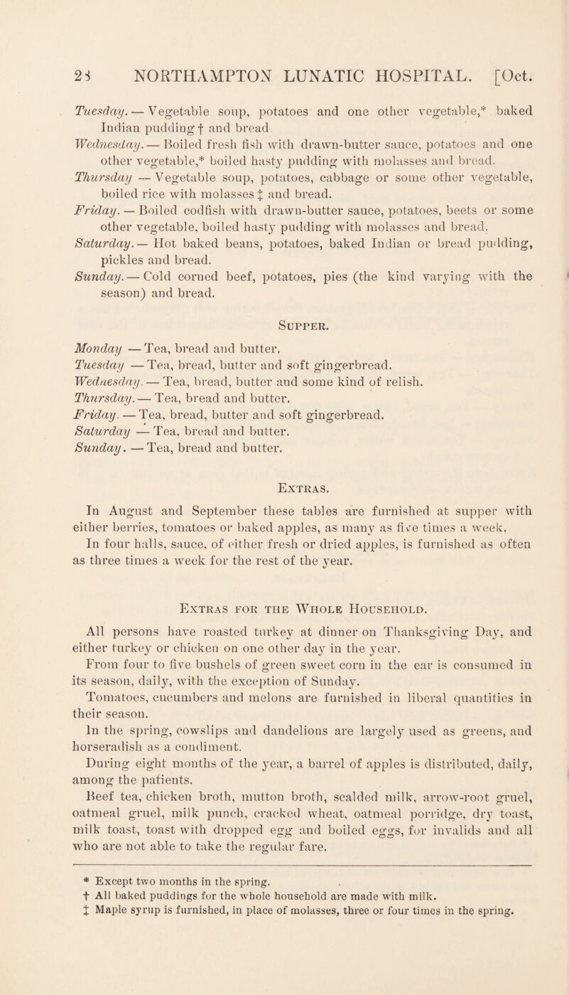 Tuesday. — Vegetable soup, potatoes and one other vegetable,* baked Indian pudding f and bread Wednesday.— Boiled fresh fish with drawn-butter sauce, potatoes and one other vegetable,* boiled hasty pudding with molasses and bread. Thursday — Vegetable soup, potatoes, cabbage or some other vegetable, boiled rice with molasses $ and bread. Friday. — Boiled codfish with drawn-butter sauce, potatoes, beets or some other vegetable, boiled hastj^ pudding with molasses and bread. Saturday.— Hot baked beans, potatoes, baked Indian or bread pudding, pickles and bread. Sunday. — Cold corned beef, potatoes, pies (the kind varying with the season) and bread. Supper. Monday —Tea, bread and butter. Tuesday —Tea, bread, butter and soft gingerbread. Wednesday. — Tea, bread, butter and some kind of relish. Thursday. — Tea, bread and butter. Friday. —Tea, bread, butter and soft gingerbread. Saturday —Tea, bread and butter. Sunday. —Tea, bread and butter. Extras. In August and September these tables are furnished at supper with either berries, tomatoes or baked apples, as many as fire times a week. In four halls, sauce, of either fresh or dried apples, is furnished as often as three times a week for the rest of the year. Extras for the Whole Household. All persons have roasted turkey at dinner on Thanksgiving Day, and either turkey or chicken on one other day in the year. From four to five bushels of green sweet corn in the ear is consumed in its season, daily, with the exception of Sunday. Tomatoes, cucumbers and melons are furnished in liberal quantities in their season. In the spring, cowslips and dandelions are largely used as greens, and horseradish as a condiment. During eight months of the year, a barrel of apples is distributed, daily, among the patients. Beef tea, chicken broth, mutton broth, scalded milk, arrow-root gruel, oatmeal gruel, milk punch, cracked wheat, oatmeal porridge, dry toast, milk toast, toast with dropped egg and boiled eggs, for invalids and all who are not able to take the regular fare. * Except two months in the spring. f All baked puddings for the whole household are made with milk. X Maple syrup is furnished, in place of molasses, three or four times in the spring.