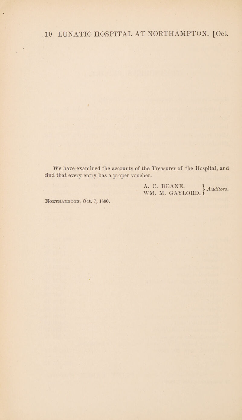 We have examined the accounts of the Treasurer of the Hospital, and find that every entry has a proper voucher. A. C. DEANE, WM. M. GAYLORD, I Auditors.