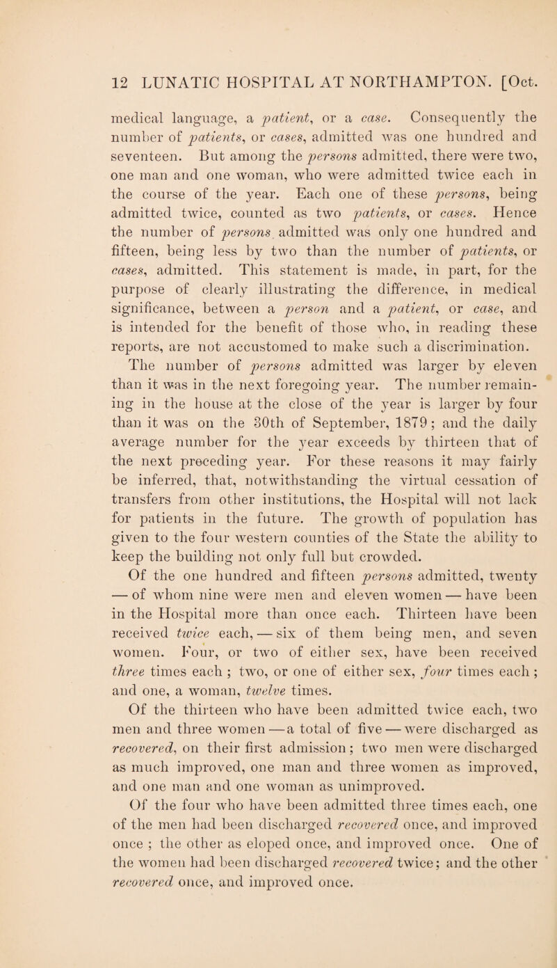 medical language, a patient^ or a case. Consequently the number of patients^ or cases., admitted was one hundred and seventeen. But among the persons admitted, there were two, one man and one woman, who were admitted twice each in the course of the year. Each one of these persons^ being admitted twice, counted as two patients^ or cases. Hence the number of persons, admitted was only one hundred and fifteen, being less by two than the number of patients^ or cases^ admitted. This statement is made, in part, for the purpose of clearly illustrating the difference, in medical significance, between a person and a patient^ or case., and is intended for the benefit of those Avho, in reading these reports, are not accustomed to make such a discrimination. The number of persons admitted was larger by eleven than it was in the next foregoing year. The number lemain- ing in the house at the close of the year is larger by four than it was on the 30th of September, 1879; and the daily average number for the 3^ear exceeds by thirteen that of the next preceding year. For these reasons it may fairly be inferred, that, notwithstanding the virtual cessation of transfers from other institutions, the Hospital will not lack for patients in the future. The growth of population has given to the four western counties of the State the ability to keep the building not only full but crowded. Of the one hundred and fifteen persons admitted, twenty — of whom nine were men and eleven women — have been in the Hospital more than once each. Thirteen have been received tivice each, — six of them being men, and seven women. Four, or two of either sex, have been received three times each ; two, or one of either sex, four times each ; and one, a woman, twelve times. Of the thirteen who have been admitted twice each, two men and three women—a total of five — were discharged as recovered., on their first admission; two men were discharged as much improved, one man and three women as improved, and one man and one woman as unimproved. Of the four who have been admitted three times each, one of the men had been discharged recovered once, and improved once ; the other as eloped once, and improved once. One of the women had been discharged recovered twice; and the other recovered once, and improved once.