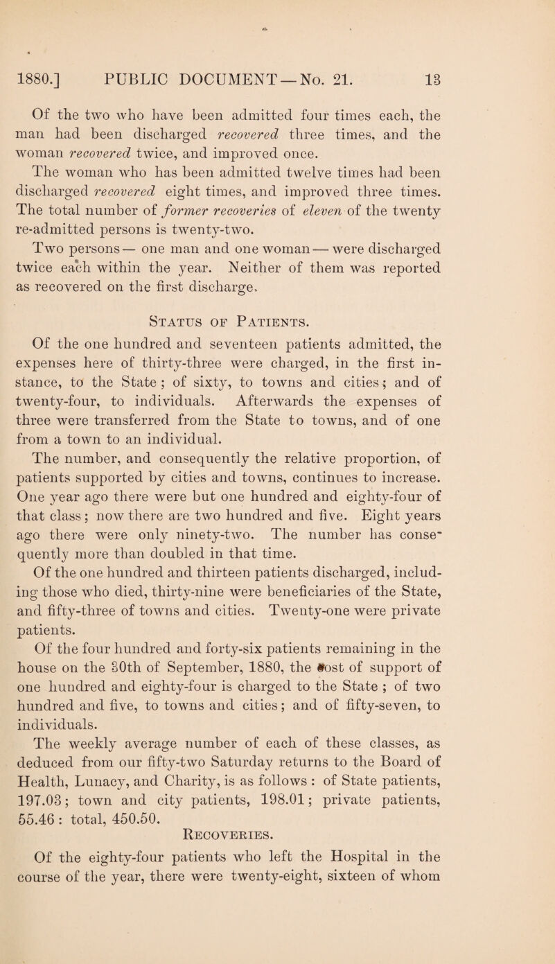 Of the two who have been admitted four times each, the man had been discharged recovered three times, and the woman recovered twice, and improved once. The woman who has been admitted twelve times had been discharged recovered eight times, and improved three times. The total number of former recoveries of eleven oi the twenty re-admitted persons is twenty-two. Two persons— one man and one woman — were discharged twice each within the year. Neither of them was reported as recovered on the first discharge. Status of Patients. Of the one hundred and seventeen patients admitted, the expenses here of thirty-three were charged, in the first in¬ stance, to the State; of sixty, to towns and cities; and of twenty-four, to individuals. Afterwards the expenses of three were transferred from the State to towns, and of one from a town to an individual. The number, and consequently the relative proportion, of patients supported by cities and towns, continues to increase. One year ago there were but one hundred and eighty-four of that class; now there are two hundred and five. Eight years ago there were only ninety-two. The number has conse¬ quently more than doubled in that time. Of the one hundred and thirteen patients discharged, includ¬ ing those who died, thirty-nine were beneficiaries of the State, and fifty-three of towns and cities. Twenty-one were private patients. Of the four hundred and forty-six patients remaining in the house on the 80th of September, 1880, the #ost of support of one hundred and eighty-four is charged to the State ; of two hundred and five, to towns and cities; and of fifty-seven, to individuals. The weekly average number of each of these classes, as deduced from our fifty-two Saturday returns to the Board of Health, Lunacy, and Charity, is as follows : of State patients, 197.03; town and city patients, 198.01; private patients, 55.46: total, 450.50. Recoveries. Of the eighty-four patients who left the Hospital in the course of the year, there were twenty-eight, sixteen of whom