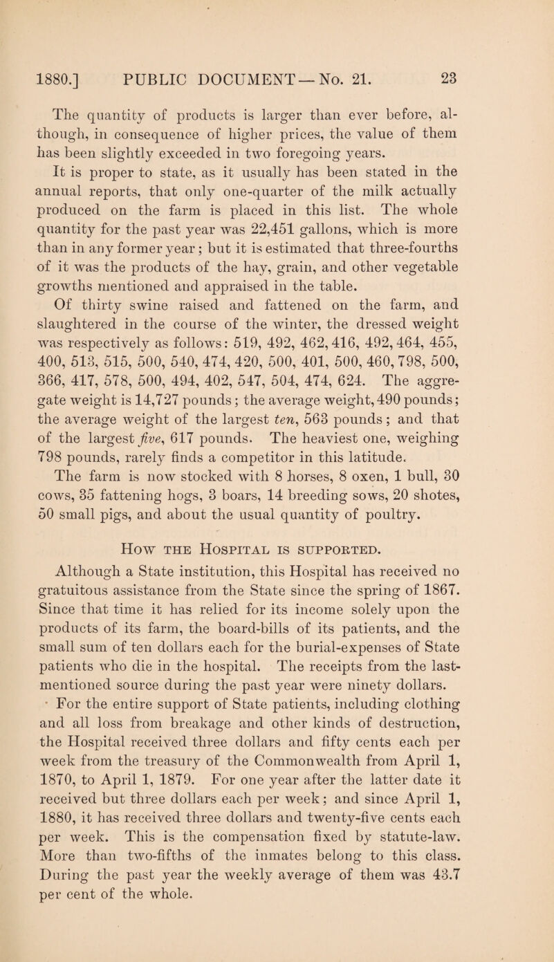 The quantity of products is larger than ever before, al¬ though, in consequence of higher prices, the value of them has been slightly exceeded in two foregoing years. It is proper to state, as it usually has been stated in the annual reports, that only one-quarter of the milk actually produced on the farm is placed in this list. The whole quantity for the past year was 22,451 gallons, which is more than in any former year; but it is estimated that three-fourths of it was the products of the hay, grain, and other vegetable growths mentioned and appraised in the table. Of thirty swine raised and fattened on the farm, and slaughtered in the course of the winter, the dressed weight was respectively as follows: 519, 492, 462,416, 492,464, 455, 400, 513, 515, 500, 540, 474, 420, 500, 401, 500, 460, 798, 500, 366, 417, 578, 500, 494, 402, 547, 504, 474, 624. The aggre¬ gate weight is 14,727 pounds; the average weight,490 pounds; the average weight of the largest ten^ 563 pounds; and that of the largest617 pounds. The heaviest one, weighing 798 pounds, rarely finds a competitor in this latitude. The farm is now stocked with 8 horses, 8 oxen, 1 bull, 30 cows, 35 fattening hogs, 3 boars, 14 breeding sows, 20 shotes, 50 small pigs, and about the usual quantity of poultry. How THE Hospital is supported. Although a State institution, this Hospital has received no gratuitous assistance from the State since the spring of 1867. Since that time it has relied for its income solely upon the products of its farm, the board-bills of its patients, and the small sum of ten dollars each for the burial-expenses of State patients who die in the hospital. The receipts from the last- mentioned source during the past year were ninety dollars. * For the entire support of State patients, including clothing and all loss from breakage and other kinds of destruction, the Hospital received three dollars and fifty cents each per week from the treasury of the Commonwealth from April 1, 1870, to April 1, 1879. For one year after the latter date it received but three dollars each per week; and since April 1, 1880, it has received three dollars and twenty-five cents each per week. This is the compensation fixed by statute-law. More than two-fifths of the inmates belong to this class. During the past year the weekly average of them was 43.7 per cent of the whole.