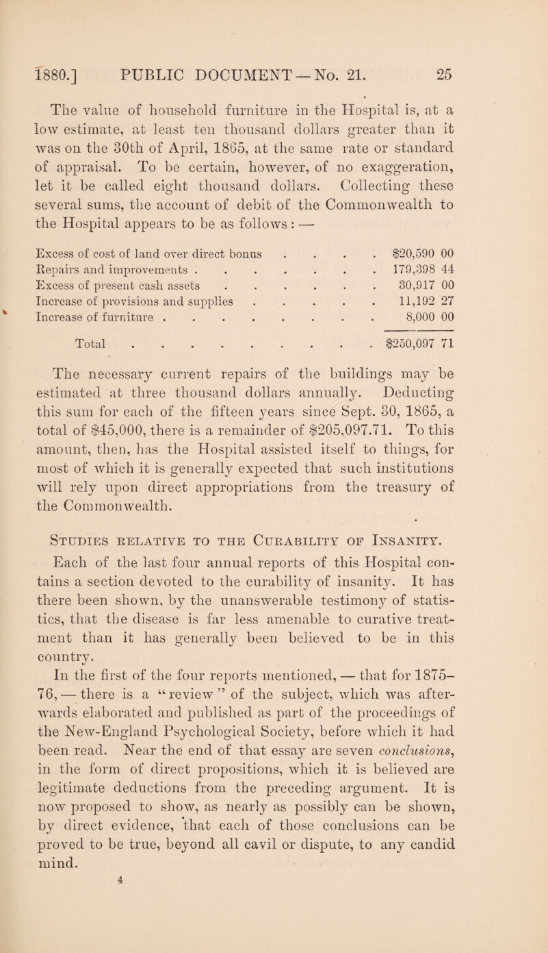 The value of household furniture in the Hospital is, at a low estimate, at least ten thousand dollars greater than it was on the 30th of April, 1865, at the same rate or standard of appraisal. To be certain, however, of no exaggeration, let it be called eight thousand dollars. Collecting these several sums, the account of debit of the Commonwealth to the Hospital appears to be as follows : — Excess of cost of land over direct bonus Repairs and improvements . Excess of present cash assets Increase of provisions and supplies Increase of furniture .... ^20,590 00 179,398 44 30,917 00 11,192 27 8,000 00 Total 1250,097 71 The necessary current repairs of the buildings may be estimated at three thousand dollars annually. Deducting this sum for each of the fifteen years since Sept. 30, 1865, a total of 145,000, there is a remainder of |205,09T.71. To this amount, then, has the Hospital assisted itself to things, for most of which it is generally expected that such institutions will rely upon direct appropriations from the treasury of the Commonwealth. Studies relative to the Curability of Insanity. Each of the last four annual reports of this Hospital con¬ tains a section devoted to the curability of insanity. It has there been shown, by the unanswerable testimony of statis¬ tics, that the disease is far less amenable to curative treat¬ ment than it has generally been believed to be in this country. In the first of the four reports mentioned, — that for 1875- 76, — there is a “review” of the subject, which was after¬ wards elaborated and published as part of the proceedings of the New-England Psychological Society, before which it had been read. Near the end of that essay are seven conclusions^ in the form of direct propositions, which it is believed are legitimate deductions from the preceding argument. It is now proposed to show, as nearly as possibly can be shown, by direct evidence, that each of those conclusions can be proved to be true, beyond all cavil or dispute, to any candid mind. 4