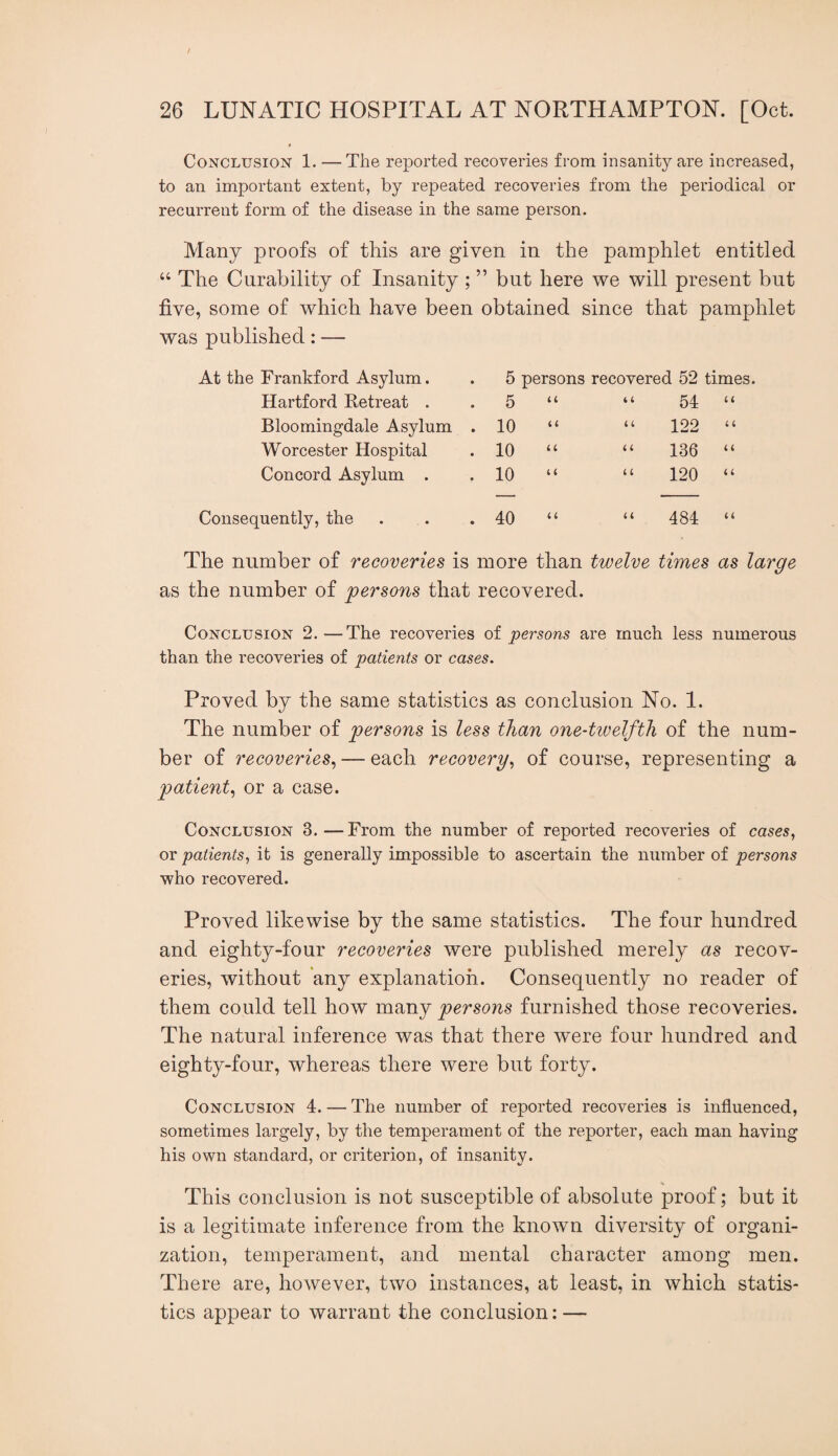 Conclusion 1. — The reported recoveries from insanity are increased, to an important extent, by repeated recoveries from the periodical or recurrent form of the disease in the same person. Many proofs of this are given in the pamphlet entitled ‘‘ The Curability of Insanity ; ” but here we will present but five, some of which have been obtained since that pamphlet was published: — At the Frankford Asylum. Hartford Retreat . Bloomingdale Asylum Worcester Hospital Concord Asylum . Consequently, the 5 persons recovered 52 times. 5 i 1 54 u 10 n (i 122 10 1 i (i 136 10 i i 120 40 u i i 484 u The number of recoveries is more than twelve times as large as the number of persons that recovered. Conclusion 2.—The recoveries ot persons are much less numerous than the recoveries of patients or cases. Proved by the same statistics as conclusion No. 1. The number of persons is less than one-tivelfth of the num¬ ber of recoveries.) — each recovery., of course, representing a patient., or a case. Conclusion 3.—From the number of reported recoveries of cases, or patients, it is generally impossible to ascertain the number of persons who recovered. Proved likewise by the same statistics. The four hundred and eighty-four recoveries were published merely as recov¬ eries, without any explanation. Consequently no reader of them could tell how many persons furnished those recoveries. The natural inference was that there were four hundred and eighty-four, whereas there were but forty. Conclusion 4. — The number of reported recoveries is influenced, sometimes largely, by the temperament of the reporter, each man having his own standard, or criterion, of insanity. This conclusion is not susceptible of absolute proof; but it is a legitimate inference from the known diversity of organi¬ zation, temperament, and mental character among men. There are, however, two instances, at least, in which statis¬ tics appear to warrant the conclusion: —