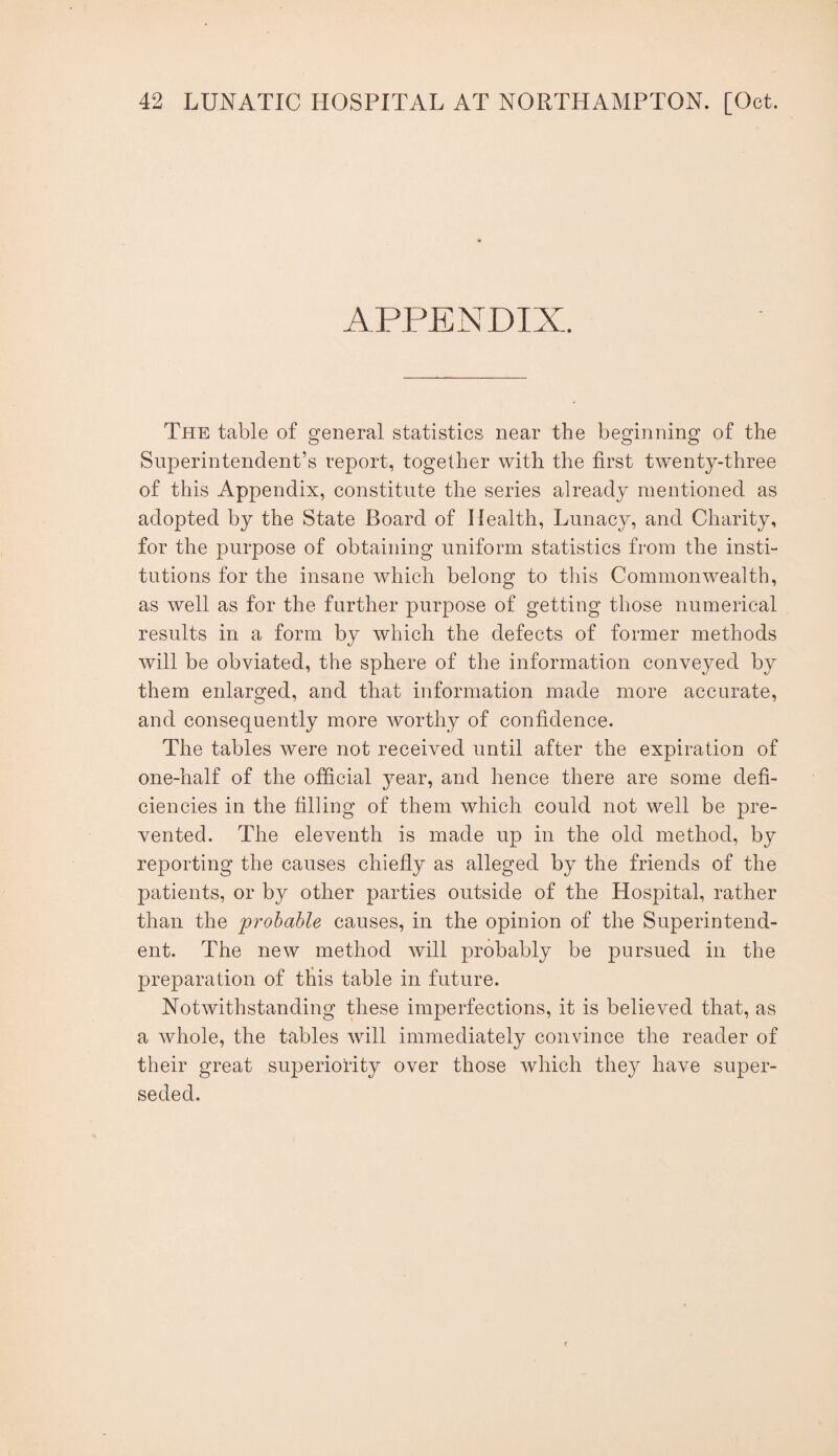 The table of general statistics near the beginning of the Superintendent’s report, together with the first twenty-three of this Appendix, constitute the series already mentioned as adopted by the State Board of Health, Lunacy, and Charity, for the purpose of obtaining uniform statistics from the insti¬ tutions for the insane which belong to this Commonwealth, as well as for the further purpose of getting those numerical results in a form by which the defects of former methods will be obviated, the sphere of the information conveyed by them enlarged, and that information made more accurate, and consequently more Avorthy of confidence. The tables were not received until after the expiration of one-half of the official year, and hence there are some defi¬ ciencies in the filling of them which could not well be pre¬ vented. The eleventh is made up in the old method, by reporting the causes chiefly as alleged by the friends of the patients, or by other parties outside of the Hospital, rather than the probable causes, in the opinion of the Superintend¬ ent. The new method will probably be pursued in the preparation of this table in future. Notwithstanding these imperfections, it is believed that, as a Avhole, the tables will immediately convince the reader of their great superiority over those which they have super¬ seded.