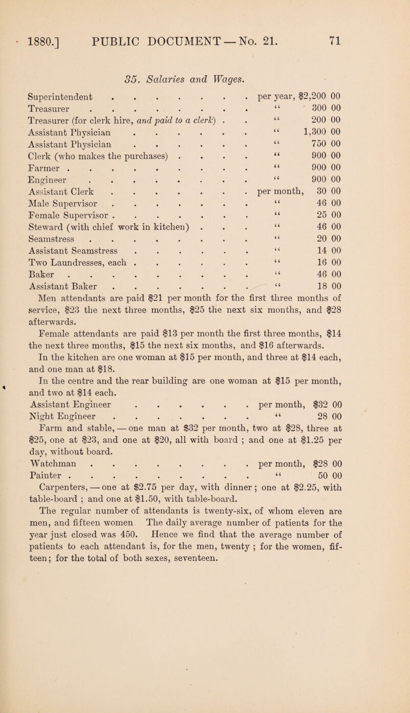 85. Salaries and Wages. per year, ( L U ( i Superintendent Ti 'easnrer .... Treasurer (for clerk hire, and paid to a cleric) Assistant Physician Assistant Physician Clerk (who makes the purchases) F armer ..... Eno^ineer .... Assistant Clerk Male Supervisor Female Supervisor . Steward (with chief work in kitchen) Seamstress .... Assistant Seamstress Two Laundresses, each . Baker ..... Assistant Baker Men attendants are paid $21 per month for the first three months of service, $23 the next three months, $25 the next six months, and $28 afterwards. Female attendants are paid $13 per month the first three months, $14 the next three months, $15 the next six months, and $16 afterwards. In the kitchen are one woman at $15 per month, and three at $14 each, and one man at $18. In the centre and the rear building are one woman at $15 per month, and two at $14 each. Assistant Engineer.per month, $32 00 28 00 2,200 00 300 00 200 00 1,300 00 750 00 900 00 900 00 900 00 per month, 30 00 46 00 25 00 46 00 20 00 14 00 16 00 46 00 18 00 n (( u u u i i i i i I i i Night Engineer a Farm and stable, — one man at $32 per month, two at $28, three at $25, one at $23, and one at $20, all with board ; and one at $1.25 per day, without board. Watchman ........ per month, $28 00 Painter ......... “ 50 00 Carpenters, — one at $2.75 per day, with dinner; one at $2.25, with table-board ; and one at $1.50, with table-board. The regular number of attendants is twenty-six, of whom eleven are men, and fifteen women The daily average number of patients for the year just closed was 450. Hence we find that the average number of patients to each attendant is, for the men, twenty ; for the women, fif¬ teen ; for the total of both sexes, seventeen.