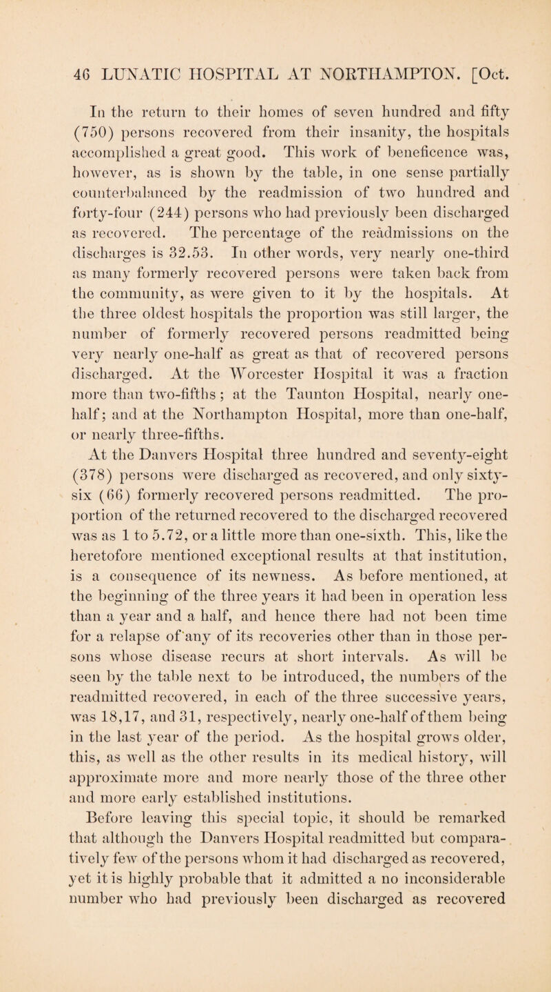 In the return to their homes of seven hundred and fifty (750) persons recovered from their insanity, the hospitals accomplished a great good. This work of beneficence was, however, as is shown by the table, in one sense partially counterbahinced by the readmission of two hundred and forty-four (244) persons who had previously been discharged as recovered. The percentage of the readmissions on the discharges is 32.53. In other words, very nearly one-third as many formerly recovered persons were taken back from the community, as were given to it by the hospitals. At the three oldest hospitals the proportion was still larger, the number of formerly recovered persons readmitted being very nearly one-half as great as that of recovered persons discharged. At the M^orcester Hospital it was a fraction more than two-fifths ; at the Taunton Hospital, nearly one- half ; and at the Northampton Hospital, more than one-half, or nearly three-fifths. At the Danvers Hospital three hundred and seventy-eight (378) persons were discharged as recovered, and only sixty- six (66) formerly recovered persons readmitted. The pro¬ portion of the returned recovered to the discharged recovered was as 1 to 5.72, or a little more than one-sixth. This, like the heretofore mentioned exceptional results at that institution, is a consequence of its newness. As before mentioned, at the beginning of the three years it had been in operation less than a year and a half, and hence there had not been time for a relapse of'any of its recoveries other than in those per¬ sons whose disease recurs at short intervals. As will be seen by the table next to be introduced, the numbers of the readmitted recovered, in each of the three successive years, was 18,17, and 31, respectively, nearly one-half of them being in the last year of the period. As the hospital grows older, this, as well as the other results in its medical history, will approximate more and more nearly those of the three other and more early established institutions. Before leaving this special topic, it should be remarked that although the Danvers Hospital readmitted but compara¬ tively few of the persons whom it had discharged as recovered, yet it is highly probable that it admitted a no inconsiderable number who had previously been discharged as recovered