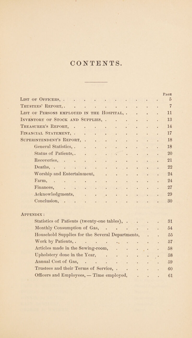 CONTENTS List of Officers,. Page 5 Trustees’ Report,. 7 List of Persons employed in the Hospital, . 11 Inventory of Stock and Supplies, . 13 Treasurer’s Report,. 14 Financial Statement, 17 Superintendent’s Report,. 18 General Statistics,. 18 Status of Patients,. 20 Recoveries,. 21 Deaths,. 22 Worship and Entertainment, 24 Farm,. 24 Finances,. 27 Acknowledgments,. 29 Conclusion,. 30 Appendix : Statistics of Patients (twenty-one tables), . • 31 Monthly Consumption of Gas, • 54 Household Supplies for the Several Departments, 55 Work by Patients,.„ 57 Articles made in the Sewing-room, • 58 Upholstery done in the Year, • 58 Annual Cost of Gas,. ' • 59 Trustees and their Terms of Service, . • 60 Officers and Employees, — Time employed, • 61