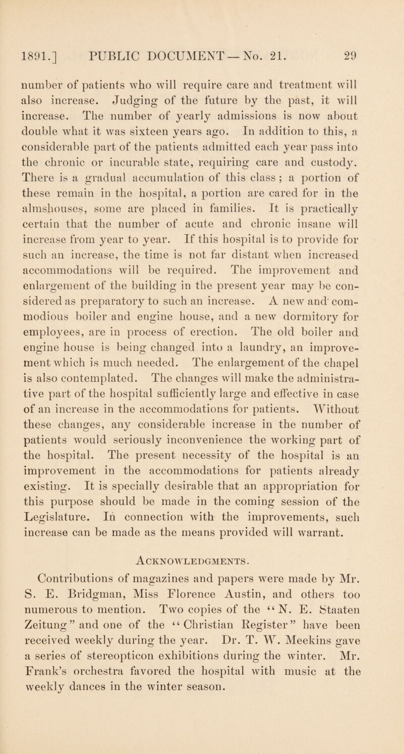 number of patients who will require care and treatment will also increase. Judging of the future by the past, it will increase. The number of yearly admissions is now about double what it was sixteen years ago. In addition to this, a considerable part of the patients admitted each year pass into the chronic or incurable state, requiring care and custody. There is a gradual accumulation of this class ; a portion of these remain in the hospital, a portion are cared for in the almshouses, some are placed in families. It is practically certain that the number of acute and chronic insane will increase from year to year. If this hospital is to provide for such an increase, the time is not far distant when increased accommodations will be required. The improvement and enlargement of the building in the present year may be con¬ sidered as preparatory to such an increase. A new and' com¬ modious boiler and engine house, and a new dormitory for employees, are in process of erection. The old boiler and engine house is being changed into a laundry, an improve¬ ment which is much needed. The enlargement of the chapel is also contemplated. The changes will make the administra¬ tive part of the hospital sufficiently large and effective in case of an increase in the accommodations for patients. Without these changes, any considerable increase in the number of patients would seriously inconvenience the working part of the hospital. The present necessity of the hospital is an improvement in the accommodations for patients already existing. It is specially desirable that an appropriation for this purpose should be made in the coming session of the Legislature. In connection with the improvements, such increase can be made as the means provided will warrant. Acknowledgments . Contributions of magazines and papers were made by Mr. S. E. Bridgman, Miss Florence Austin, and others too numerous to mention. Two copies of the “ N. E. fetaaten Zeitung ” and one of the “Christian Register” have been received weekly during the year. Dr. T. W. Meekins gave a series of stereopticon exhibitions during the winter. Mr. Frank’s orchestra favored the hospital with music at the weekly dances in the winter season.