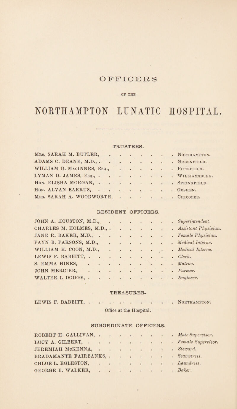 OFFICERS OF THE NORTHAMPTON LUNATIC HOSPITAL. TRUSTEES. Mrs. SARAH M. BUTLER,.Northampton. ADAMS C. DEANE, M.D.,.Greenfield. WILLIAM D. MacINNES, Esq.,.Pittsfield. LYMAN D. JAMES, Esq.,.Williamsburg. Hon. ELISHA MORGAN,.Springfield. Hon. ALYAN BARRUS.Goshen. Mrs. SARAH A. WOODWORTH,.Chicopee. RESIDENT OFFICERS. JOHN A. HOUSTON, M.D.,.Superintendent. CHARLES M. HOLMES, M.D.,.Assistant Physician. JANE R. BAKER, M.D.,.Female Physician. PAYN B. PARSONS, M.D.,.Medical Interne. WILLIAM H. COON, M.D.,.Medical Interne. LEWIS F. BABBITT,.Clerk. S. EMMA HINES.Matron. JOHN MERCIER,.Farmer. WALTER I. DODGE,.Engineer. TREASURER. LEWIS F. BABBITT,.Northampton. Office at the Hospital. SUBORDINATE OFFICERS. ROBERT H. GALLIVAN,.Male Supervisor. LUCY A. GILBERT,.Female Supervisor. JEREMIAH McKENNA,.Steward. BRADAMANTE FAIRBANKS,.Seamstress. CHLOE L. EGLESTON,.Laundress. GEORGE B. WALKER,.Baker.