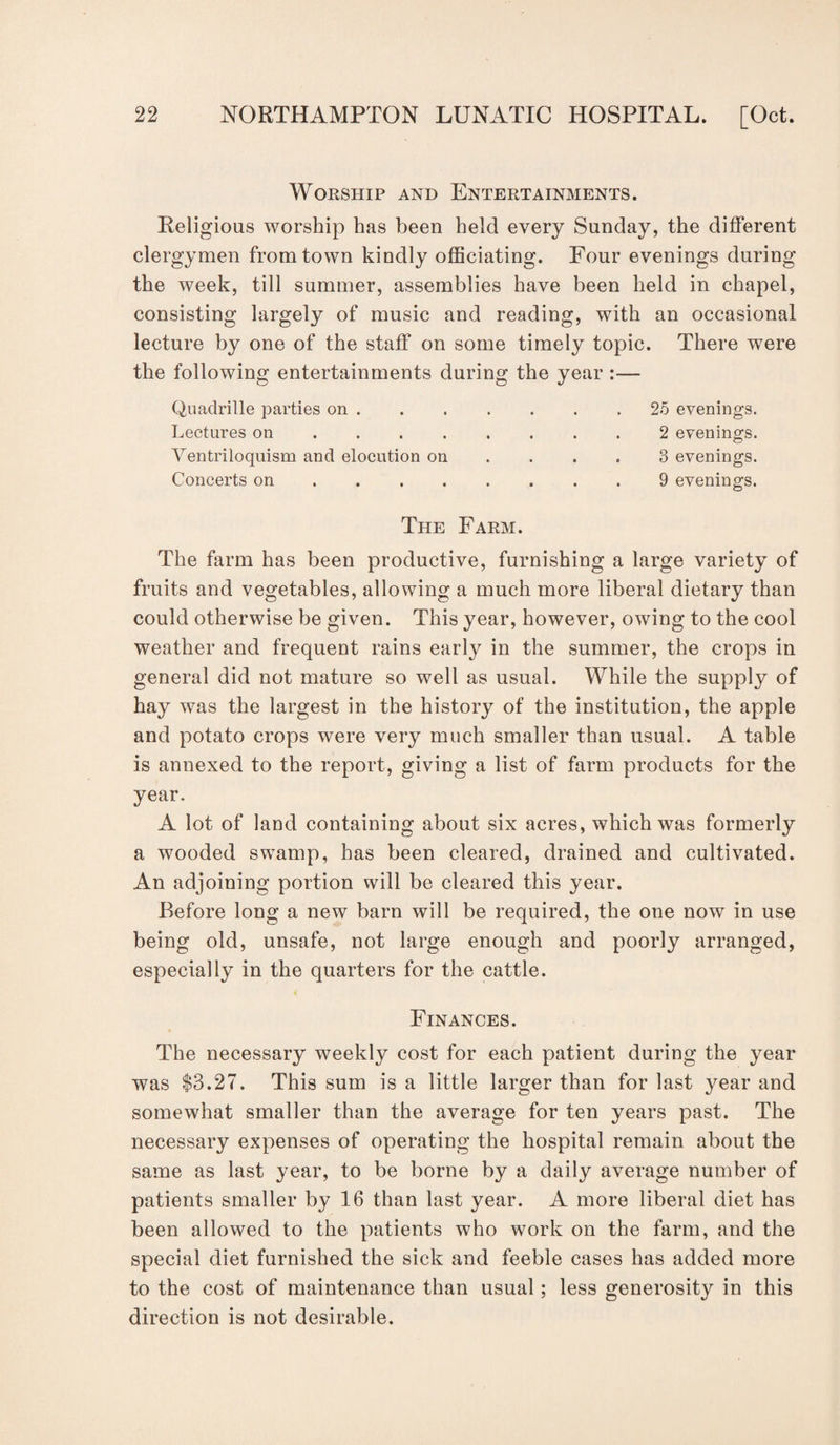 Worship and Entertainments. Religious worship has been held every Sunday, the different clergymen from town kindly officiating. Four evenings during the week, till summer, assemblies have been held in chapel, consisting largely of music and reading, with an occasional lecture by one of the staff on some timely topic. There were the following entertainments during the year :— Quadrille parties on.25 evenings. Lectures on.2 evenings. Ventriloquism and elocution on .... 3 evenings. Concerts on.9 evenings. O The Farm. The farm has been productive, furnishing a large variety of fruits and vegetables, allowing a much more liberal dietary than could otherwise be given. This year, however, owing to the cool weather and frequent rains early in the summer, the crops in general did not mature so well as usual. While the supply of hay was the largest in the history of the institution, the apple and potato crops were very much smaller than usual. A table is annexed to the report, giving a list of farm products for the year. A lot of land containing about six acres, which was formerly a wooded swamp, has been cleared, drained and cultivated. An adjoining portion will be cleared this year. Before long a new barn will be required, the one now in use being old, unsafe, not large enough and poorly arranged, especially in the quarters for the cattle. Finances. The necessary weekly cost for each patient during the year was $3.27. This sum is a little larger than for last year and somewhat smaller than the average for ten years past. The necessary expenses of operating the hospital remain about the same as last year, to be borne by a daily average number of patients smaller by 16 than last year. A more liberal diet has been allowed to the patients who work on the farm, and the special diet furnished the sick and feeble cases has added more to the cost of maintenance than usual; less generosity in this direction is not desirable.