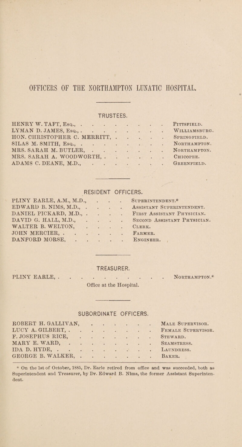 OFFICERS OF THE NORTHAMPTON LUNATIC HOSPITAL TRUSTEES HENRY W. TAFT, Esq., ........ Pittsfield. LYMAN D. JAMES, Esq.,.Williamsburg. HON. CHRISTOPHER C. MERRITT,.Springfield. SILAS M. SMITH, Esq.,.Northampton. MRS. SARAH M. BUTLER,.Northampton. MRS. SARAH A. WOODWORTH,.Chicopee. ADAMS C. DEANE, M.D.,.Greenfield. RESIDENT OFFICERS. PLINY EARLE, A.M., M.D., EDWARD B. NIMS, M.D., . DANIEL PICKARD, M.D., . DAVID G. HALL, M.D., WALTER B. WELTON, JOHN MERCIER, . DANFORD MORSE, Superintendent.* Assistant Superintendent. First Assistant Physician. Second Assistant Physician. Clerk. Farmer. Engineer. TREASURER. PLINY EARLE, Office at the Hospital. Northampton.* SUBORDINATE OFFICERS. ROBERT H. GALLIVAN, LUCY A. GILBERT, . F. JOSEPHUS RICE, MARY E. WARD, . IDA D. HYDE, . GEORGE B. WALKER, Male Supervisor. Female Supervisor. Steward. Seamstress. Laundress. Baker. * On the 1st of October, 1885, Dr. Earle retired from office and was succeeded, both as Superintendent and Treasurer, by Dr. Edward B. Nims, the former Assistant Superinten¬ dent.