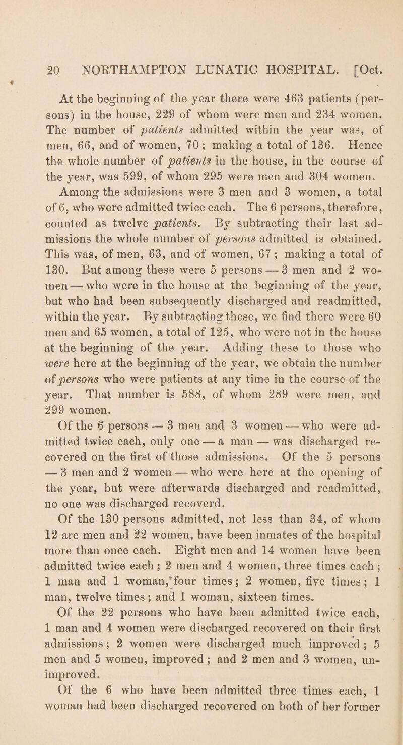 At the beginning of the year there were 463 patients (per¬ sons) in the house, 229 of whom were men and 234 women. The number of patients admitted within the year was, of men, 66, and of women, 70 ; making a total of 136. Hence the whole number of patients in the house, in the course of the year, was 599, of whom 295 were men and 304 women. Among the admissions were 3 men and 3 women, a total of 6, who were admitted twice each. The 6 persons, therefore, counted as twelve patients. By subtracting their last ad¬ missions the whole number of persons admitted is obtained. This was, of men, 63, and of women, 67 ; making a total of 130. But among these were 5 persons — 3 men and 2 wo¬ men— who were in the house at the beginning of the year, but who had been subsequently discharged and readmitted, within the year. By subtracting these, we find there were 60 men and 65 women, a total of 125, who were not in the house at the beginning of the year. Adding these to those who were here at the beginning of the year, we obtain the number of persons who were patients at any time in the course of the year. That number is 588, of whom 289 were men, and 299 women. Of the 6 persons-— 3 men and 3 women — who were ad¬ mitted twice each, only one — a man — was discharged re¬ covered on the first of those admissions. Of the 5 persons — 3 men and 2 women — who were here at the opening of the year, but were afterwards discharged and readmitted, no one was discharged recoverd. Of the 130 persons admitted, not less than 34, of whom 12 are men and 22 women, have been inmates of the hospital more than once each. Eight men and 14 women have been admitted twice each; 2 men and 4 women, three times each; 1 man and 1 woman,Tour times; 2 women, five times; 1 man, twelve times; and 1 woman, sixteen times. Of the 22 persons who have been admitted twice each, 1 man and 4 women were discharged recovered on their first admissions ; 2 women were discharged much improved ; 5 men and 5 women, improved ; and 2 men and 3 women, un¬ improved. Of the 6 who have been admitted three times each, 1 woman had been discharged recovered on both of her former