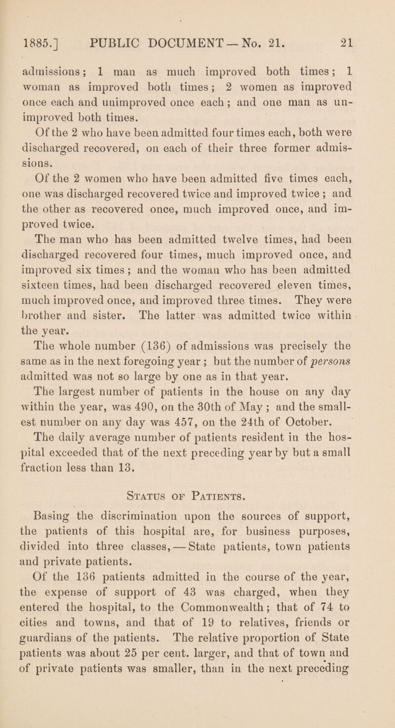 admissions; 1 man as much improved both times; 1 woman as improved both times; 2 women as improved once each and unimproved once each ; and one man as un¬ improved both times. Of the 2 who have been admitted four times each, both were discharged recovered, on each of their three former admis¬ sions. Of the 2 women who have been admitted five times each, one was discharged recovered twice and improved twice ; and the other as recovered once, much improved once, and im¬ proved twice. The man who has been admitted twelve times, had been discharged recovered four times, much improved once, and improved six times ; and the woman who has been admitted sixteen times, had been discharged recovered eleven times, much improved once, and improved three times. They were brother and sister. The latter was admitted twice within the vear. •y The whole number (136) of admissions was precisely the same as in the next foregoing year ; but the number of persons admitted was not so large by one as in that year. The largest number of patients in the house on any day within the year, was 490, on the 30th of May ; and the small¬ est number on any day was 457, on the 24th of October. The daily average number of patients resident in the hos¬ pital exceeded that of the next preceding year by but a small fraction less than 13. Status of Patients. Basing the discrimination upon the sources of support, the patients of this hospital are, for business purposes, divided into three classes, — State patients, town patients and private patients. Of the 136 patients admitted in the course of the year, the expense of support of 43 was charged, when they entered the hospital, to the Commonwealth; that of 74 to cities and towns, and that of 19 to relatives, friends or guardians of the patients. The relative proportion of State patients was about 25 per cent, larger, and that of town and of private patients was smaller, than in the next preceding