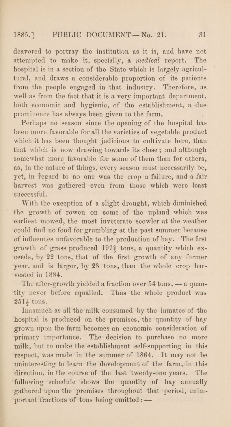deavored to portray the institution as it is, and have not attempted to make it, specially, a medical report. The hospital is in a section of the State which is largely agricul¬ tural, and draws a considerable proportion of its patients from the people engaged in that industry. Therefore, as well as from the fact that it is a very important department, both economic and hygienic, of the establishment, a due prominence has always been given to the farm. Perhaps no season since the opening of the hospital has been more favorable for all the varieties of vegetable product which it has been thought judicious to cultivate here, than that which is now drawing towards its close ; and although somewhat more favorable for some of them than for others, as, in the nature of things, every season must necessarily be, yet, in regard to no one was the crop a failure, and a fair harvest was gathered even from those which were least successful. With the exception of a slight drought, which diminished the growth of rowen on some of the upland which was earliest mowed, the most inveterate scowler at the weather could find no food for grumbling at the past summer because of influences unfavorable to the production of hay. The first growth of grass produced 197| tons, a quantity which ex¬ ceeds, by 22 tons, that of the first growth of any former year, and is larger, by 23 tons, than the whole crop har¬ vested in 1884. The after-growth yielded a fraction over 54 tons, — a quan¬ tity never before equalled. Thus the whole product was 25\\ tons. Inasmuch as all the milk consumed by the inmates of the hospital is produced on the premises, the quantity of hay grown upon the farm becomes an economic consideration of primary importance. The decision to purchase no more milk, but to make the establishment self-supporting in this respect, was made in the summer of 1864. It may not be uninteresting to learn the development of the farm, in this direction, in the course of the last twenty-one years. The following schedule shows the quantity of hay annually gathered upon the premises throughout that period, unim¬ portant fractions of tons being omitted : —