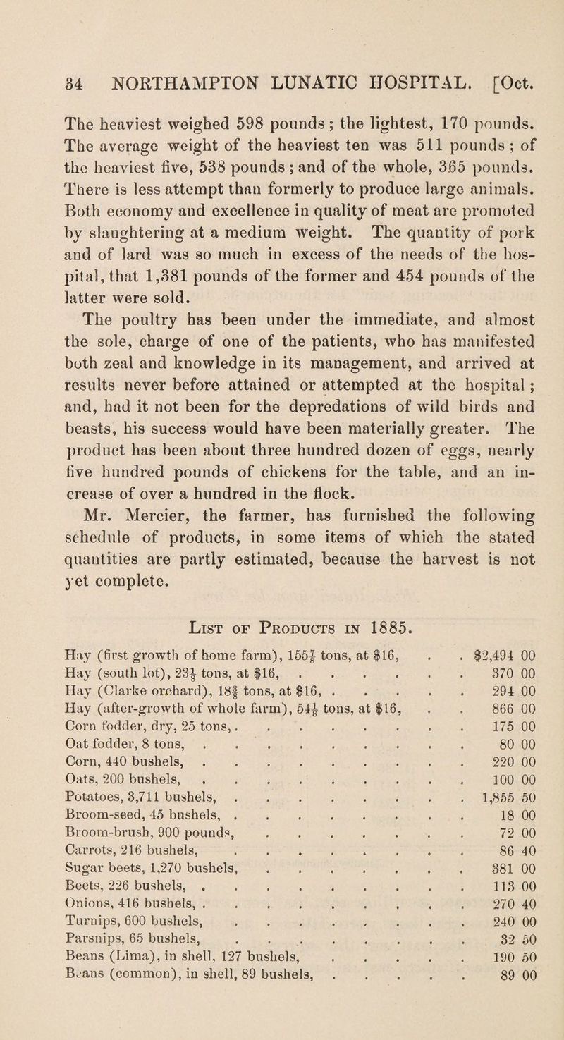 The heaviest weighed 598 pounds ; the lightest, 170 pounds. The average weight of the heaviest ten was 511 pounds ; of the heaviest five, 538 pounds ; and of the whole, 3.65 pounds. There is less attempt than formerly to produce large animals. Both economy and excellence in quality of meat are promoted by slaughtering at a medium weight. The quantity of pork and of lard was so much in excess of the needs of the hos¬ pital, that 1,381 pounds of the former and 454 pounds of the latter were sold. The poultry has been under the immediate, and almost the sole, charge of one of the patients, who has manifested both zeal and knowledge in its management, and arrived at results never before attained or attempted at the hospital ; and, had it not been for the depredations of wild birds and beasts, his success would have been materially greater. The product has been about three hundred dozen of eggs, nearly live hundred pounds of chickens for the table, and an in¬ crease of over a hundred in the flock. Mr. Mercier, the farmer, has furnished the following schedule of products, in some items of which the stated quantities are partly estimated, because the harvest is not yet complete. List of Products in 1885. Hay (first growth of home farm), 155| tons, at $16, . . $2,494 00 Hay (south lot), 23| tons, at $16, ...... 370 00 Hay (Clarke orchard), 18§ tons, at $16,. 294 00 Hay (after-growth of whole farm), 54^ tons, at $16, . . 866 00 Corn fodder, dry, 25 tons,. 175 00 Oat fodder, 8 tons,. 80 00 Corn, 440 bushels,. 220 00 Oats, 200 bushels, . . . .. 100 00 Potatoes, 3,711 bushels,. 1,855 50 Broom-seed, 45 bushels,.. . 18 00 Broom-brush, 900 pounds,. 72 00 Carrots, 216 bushels, . . ..86 40 Sugar beets, 1,270 bushels,.381 00 Beets, 226 bushels,.113 00 Onions, 416 bushels,. 270 40 Turnips, 600 bushels,. 240 00 Parsnips, 65 bushels,. 32 50 Beans (Lima), in shell, 127 bushels,. 190 50 Bjans (common), in shell, 89 bushels,. 89 00