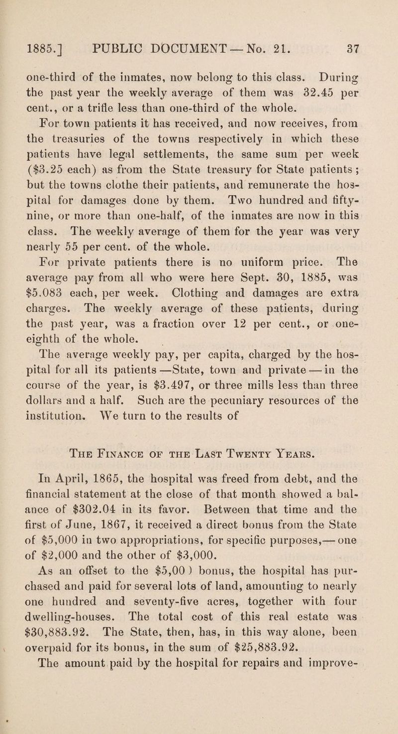 one-third of the inmates, now belong to this class. During the past year the weekly average of them was 32.45 per cent., or a trifle less than one-third of the whole. For town patients it has received, and now receives, from the treasuries of the towns respectively in which these patients have legal settlements, the same sum per week ($3.25 each) as from the State treasury for State patients; but the towns clothe their patients, and remunerate the hos¬ pital for damages done by them. Two hundred and fifty- nine, or more than one-half, of the inmates are now in this class. The weekly average of them for the year was very nearly 55 per cent, of the whole. For private patients there is no uniform price. The average pay from all who were here Sept. 30, 1885, was $5,083 each, per week. Clothing and damages are extra charges. The weekly average of these patients, during the past year, was a fraction over 12 per cent., or one- eighth of the whole. The average weekly pay, per capita, charged by the hos¬ pital for all its patients—State, town and private—-in the course of the year, is $3,497, or three mills less than three dollars and a half. Such are the pecuniary resources of the institution. We turn to the results of The Finance of the Last Twenty Years. In April, 1865, the hospital was freed from debt, and the financial statement at the close of that month showed a bal¬ ance of $302.04 in its favor. Between that time and the first of June, 1867, it received a direct bonus from the State of $5,000 in two appropriations, for specific purposes,—one of $2,000 and the other of $3,000. As an offset to the $5,00 ) bonus, the hospital has pur¬ chased and paid for several lots of land, amounting to nearly one hundred and seventy-five acres, together with four dwelling-houses. The total cost of this real estate was $30,883.92. The State, then, has, in this way alone, been overpaid for its bonus, in the sum of $25,883.92. The amount paid by the hospital for repairs and improve-