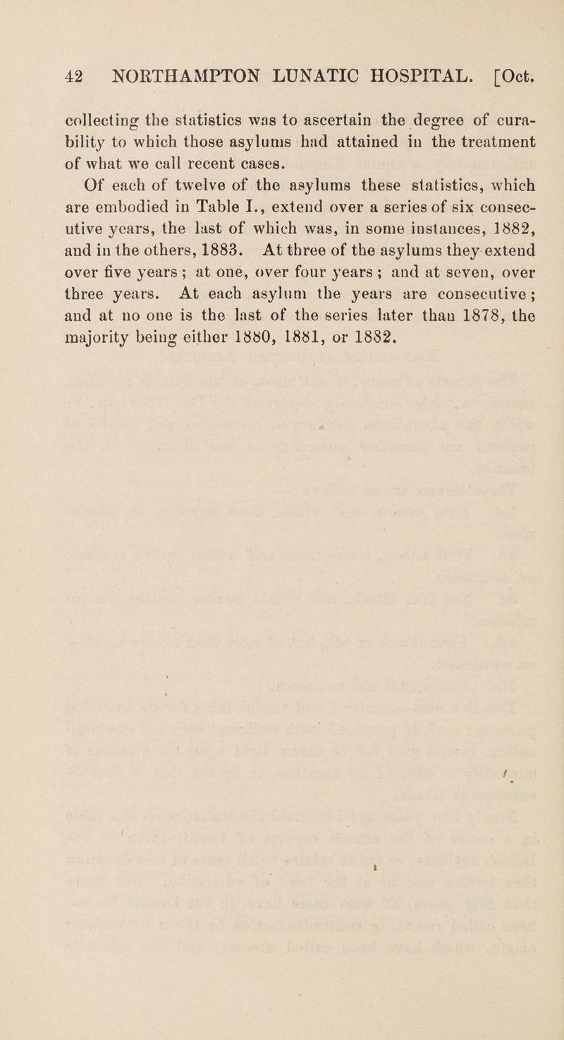 collecting the statistics was to ascertain the degree of cura¬ bility to which those asylums had attained in the treatment of what we call recent cases. Of each of twelve of the asylums these statistics, which are embodied in Table I., extend over a series of six consec¬ utive years, the last of which was, in some instances, 1882, and in the others, 1883. At three of the asylums they extend over five years ; at one, over four years ; and at seven, over three years. At each asylum the years are consecutive ; and at no one is the last of the series later thau 1878, the majority being either 1880, 1881, or 1882.