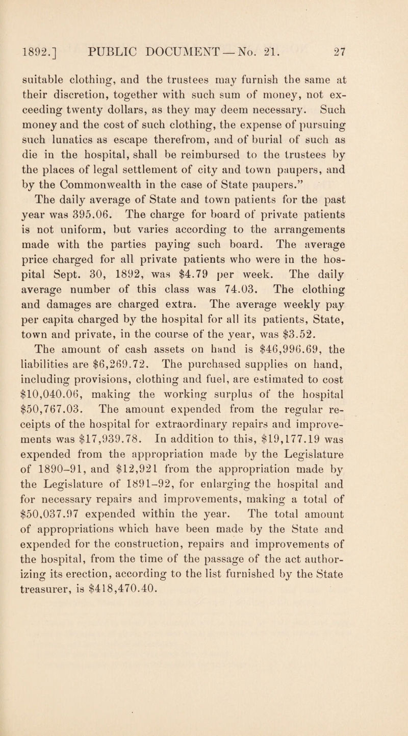suitable clothing, and the trustees may furnish the same at their discretion, together with such sum of money, not ex¬ ceeding twenty dollars, as they may deem necessary. Such money and the cost of such clothing, the expense of pursuing such lunatics as escape therefrom, and of burial of such as die in the hospital, shall be reimbursed to the trustees by the places of legal settlement of city and town paupers, and by the Commonwealth in the case of State paupers.” The daily average of State and town patients for the past year was 395.06. The charge for board of private patients is not uniform, but varies according to the arrangements made with the parties paying such board. The average price charged for all private patients who were in the hos¬ pital Sept. 30, 1892, was $4.79 per week. The daily average number of this class was 74.03. The clothing and damages are charged extra. The average weekly pay per capita charged by the hospital for all its patients, State, town and private, in the course of the year, was $3.52. The amount of cash assets on hand is $46,996.69, the liabilities are $6,269.72. The purchased supplies on hand, including provisions, clothing and fuel, are estimated to cost $10,040.06, making the working surplus of the hospital $50,767.03. The amount expended from the regular re¬ ceipts of the hospital for extraordinary repairs and improve¬ ments was $17,939.78. In addition to this, $19,177.19 was expended from the appropriation made by the Legislature of 1890-91, and $12,921 from the appropriation made by the Legislature of 1891-92, for enlarging the hospital and for necessary repairs and improvements, making a total of $50,037.97 expended within the year. The total amount of appropriations which have been made by the State and expended for the construction, repairs and improvements of the hospital, from the time of the passage of the act author¬ izing its erection, according to the list furnished by the State treasurer, is $418,470.40.