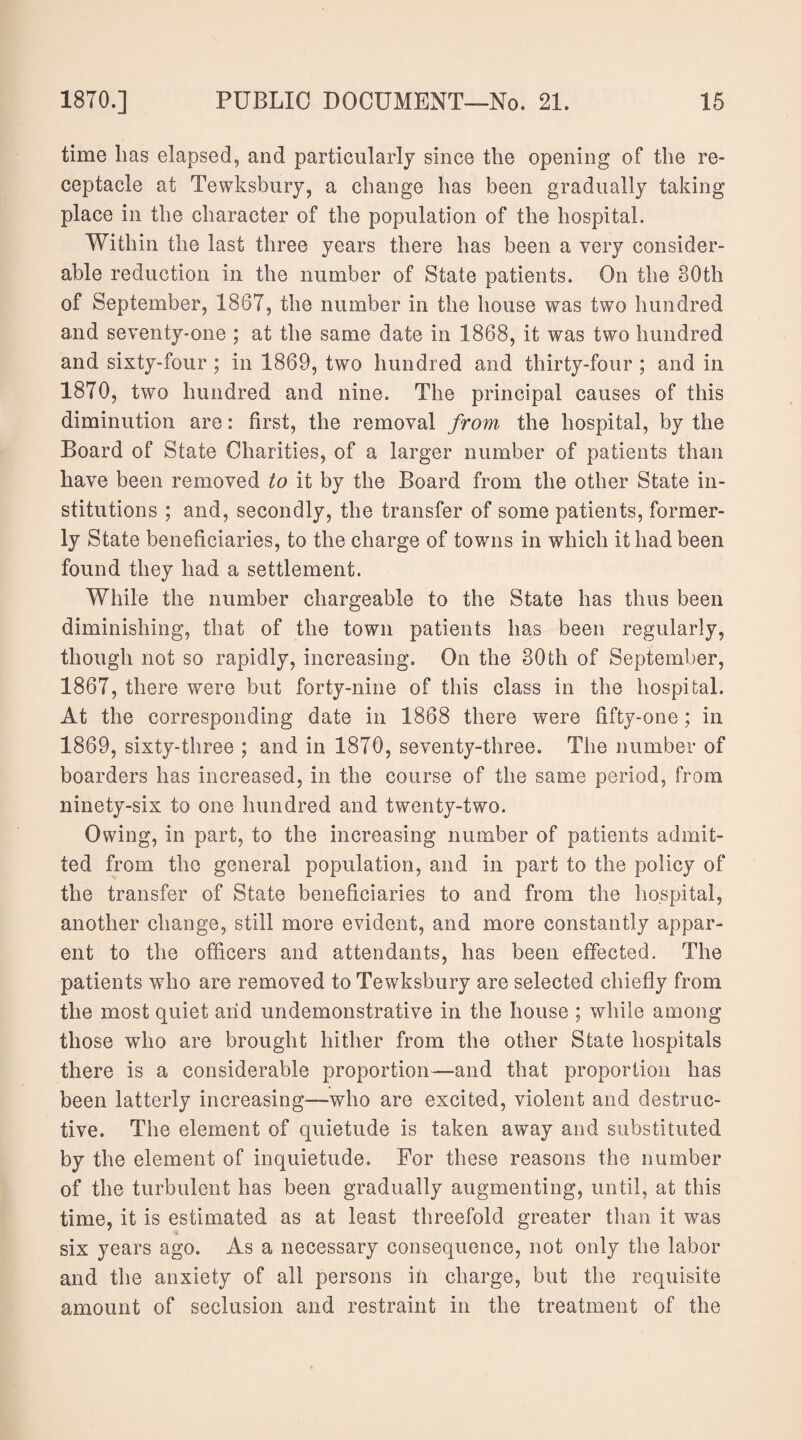 time lias elapsed, and particularly since the opening of the re¬ ceptacle at Tewksbury, a change has been gradually taking place in the character of the population of the hospital. Within the last three years there has been a very consider¬ able reduction in the number of State patients. On the 80th of September, 1867, the number in the house was two hundred and seventy-one ; at the same date in 1868, it was two hundred and sixty-four ; in 1869, two hundred and thirty-four ; and in 1870, two hundred and nine. The principal causes of this diminution are: first, the removal from, the hospital, by the Board of State Charities, of a larger number of patients than have been removed to it by the Board from the other State in¬ stitutions ; and, secondly, the transfer of some patients, former¬ ly State beneficiaries, to the charge of towns in which it had been found they had a settlement. While the number chargeable to the State has thus been diminishing, that of the town patients has been regularly, though not so rapidly, increasing. On the 30th of September, 1867, there were but forty-nine of this class in the hospital. At the corresponding date in 1868 there were fifty-one; in 1869, sixty-three ; and in 1870, seventy-three. The number of boarders has increased, in the course of the same period, from ninety-six to one hundred and twenty-two. Owing, in part, to the increasing number of patients admit¬ ted from the general population, and in part to the policy of the transfer of State beneficiaries to and from the hospital, another change, still more evident, and more constantly appar¬ ent to the officers and attendants, has been effected. The patients who are removed to Tewksbury are selected chiefly from the most quiet arid undemonstrative in the house ; while among those who are brought hither from the other State hospitals there is a considerable proportion—and that proportion has been latterly increasing—who are excited, violent and destruc¬ tive. The element of quietude is taken away and substituted by the element of inquietude. For these reasons the number of the turbulent has been gradually augmenting, until, at this time, it is estimated as at least threefold greater than it was six years ago. As a necessary consequence, not only the labor and the anxiety of all persons in charge, but the requisite amount of seclusion and restraint in the treatment of the