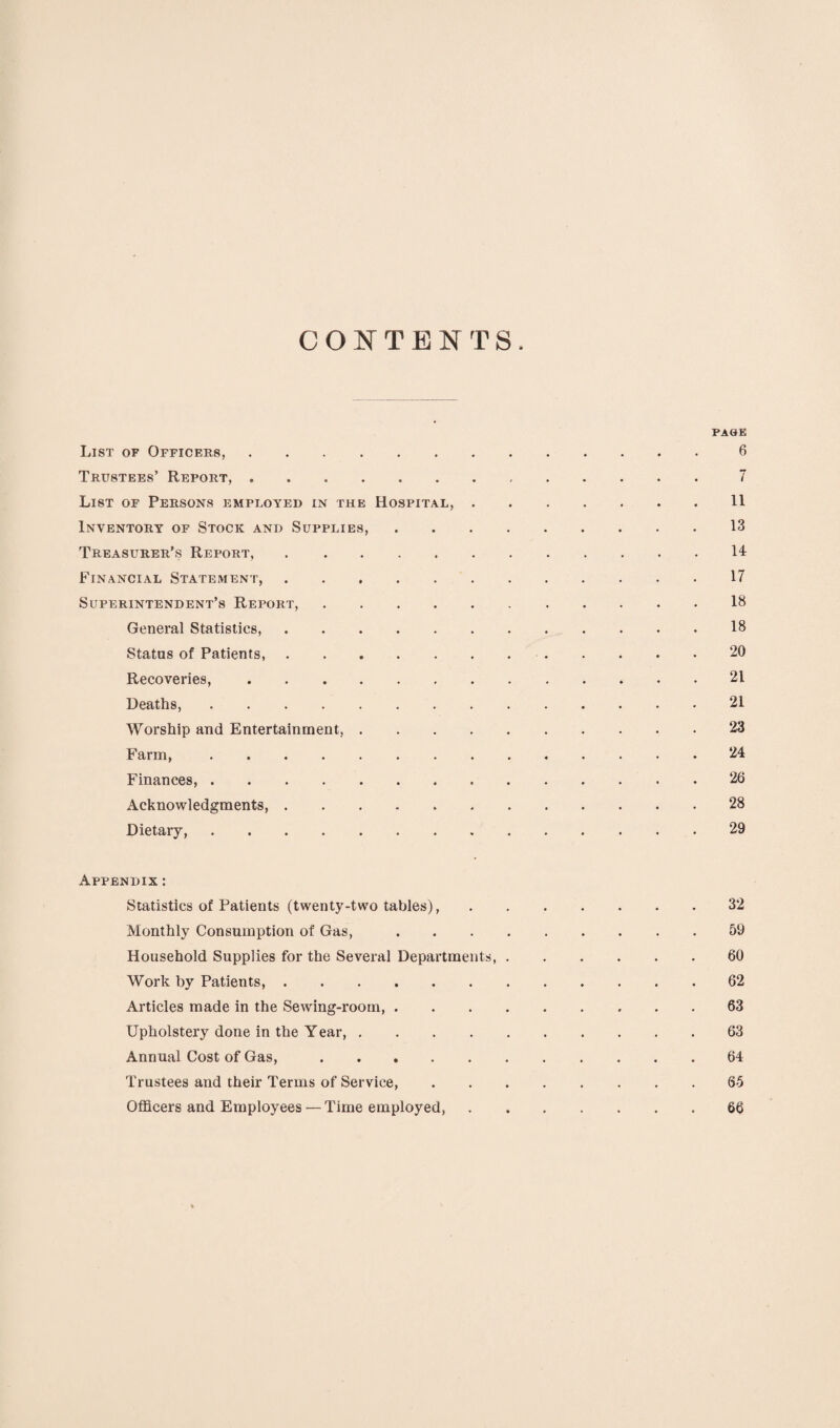 CONTENTS PA&E List of Officers,.6 Trustees’ Report,.7 List of Persons employed in the Hospital,.11 Inventory of Stock and Supplies,.13 Treasurer’s Report,.14 Financial Statement,.17 Superintendent’s Report,.18 General Statistics,.18 Status of Patients,. 20 Recoveries,.21 Deaths,.21 Worship and Entertainment.23 Farm,.24 Finances,.26 Acknowledgments,.28 Dietary,.29 Appendix : Statistics of Patients (twenty-two tables),.32 Monthly Consumption of Gas,.59 Household Supplies for the Several Departments,.60 Work by Patients,.62 Articles made in the Sewing-room,.63 Upholstery done in the Year.63 Annual Cost of Gas,.64 Trustees and their Terms of Service,.65 Officers and Employees — Time employed,.66