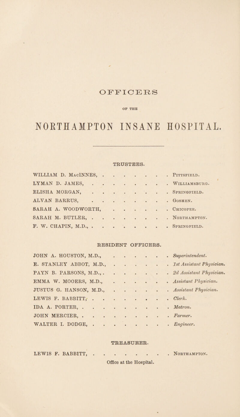 OFFICERS OF THE NORTHAMPTON INSANE HOSPITAL. TRUSTEES. WILLIAM D. MacINNES, LYMAN D. JAMES, ELISHA MORGAN, ALYAN BARRUS, SARAH A. WOODWORTH, SARAH M. BUTLER, . F. W. CHAPIN, M.D., . Pittsfield. Williamsburg. Springfield. Goshen. Chicopee. Northampton. Springfield. RESIDENT OFFICERS. JOHN A. HOUSTON, M.D., E. STANLEY ABBOT, M.D., PAYN B. PARSONS, M.D., . EMMA W. MOOERS, M.D., JUSTUS G. HANSON, M.D., LEWIS F. BABBITT,- . IDA A. PORTER, . JOHN MERCIER, . WALTER I. DODGE, . Superintendent. 1st Assistant Physician 2d Assistant Physician Assistant Physician. Assistant Physician. Clerk. Matron. Farmer. Engineer. TREASURER. LEWIS F. BABBITT,.Northampton. Office at the Hospital.