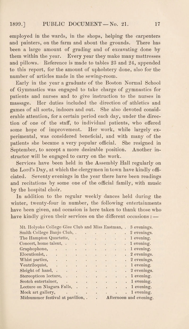 employed in the wards, in the shops, helping the carpenters and painters, on the farm and about the grounds. There has been a large amount of grading and of excavating done by them within the year. Every year they make many mattresses and pillows. Reference is made to tables 23 and 24, appended to this report, for the amount of upholstery done, also for the number of articles made in the sewing-room. Early in the year a graduate of the Boston Normal School of Gymnastics was engaged to take charge of gymnastics for patients and nurses and to give instruction to the nurses in massage. Her duties included the direction of athletics and games of all sorts, indoors and out. She also devoted consid¬ erable attention, for a certain period each day, under the direc¬ tion of one of the staff, to individual patients, who offered some hope of improvement. Her work, while largely ex¬ perimental, was considered beneficial, and with many of the patients she became a very popular official. She resigned in September, to accept a more desirable position. Another in¬ structor will be engaged to carry on the work. Services have been held in the Assembly Hall regularly on the Lord’s Day, at which the clergymen in town have kindly offi¬ ciated. Seventy evenings in the year there have been readings and recitations by some one of the official family, with music by the hospital choir. In addition to the regular weekly dances held during the winter, twenty-four in number, the following entertainments have been given, and occasion is here taken to thank those who have kindly given their services on the different occasions : — Mt. Holyoke College Glee Club and Smith College Banjo Club, The Hampton Quartette, Concert, home talent, . Graphophone, Elocutionist, . Whist parties, Ventriloquist, Sleight of hand, . Stereopticon lecture, Scotch entertainer, Lecture on Niagara Falls, Mock art gallery, Midsummer festival at pavilion, . 1 evening. . 1 evening. . 1 evening. . 2 evenings. . 2 evenings. . 1 evening. . 2 evenings. . 1 evening. . 1 evening. . 1 evening. . 1 evening. Afternoon and evening.