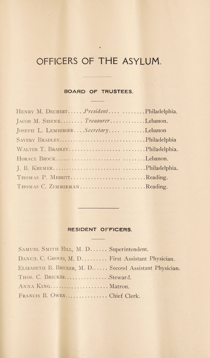 OFFICERS OF THE ASYLUM. BOARD OF TRUSTEES. Henry M. Dechert.President. Jacob M. Shenic.. Treasurer Joseph L. Lemberger. .. Secretary. Savery Bradley... Walter T. Bradley. Horace Brock. J. B. Kremer. Thomas P. Merritt. Thomas C. Zimmerman. ... Philadelphia. Lebanon. Lebanon Philadelphia Philadelphia. Lebanon. Philadelphia. Reading. Reading. RESIDENT OFFICERS. Samuel Smith Hill, M. D. Daniel C. Groves, M. D. .. . Elizabeth B. Bricker, M. D Titos. C. Bricker. Anna King. Francis B. Owen. Superintendent. First Assistant Physician. Second Assistant Physician. Steward. Matron. Chief Clerk.