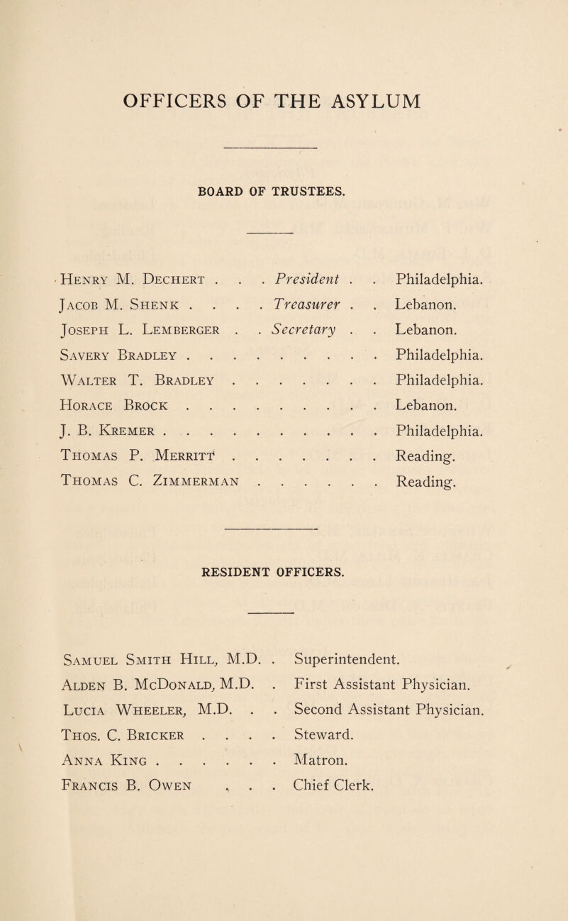 OFFICERS OF THE ASYLUM BOARD OF TRUSTEES. Henry M. Dechert . . . President . . Philadelphia. Jacob M. Shenk .... Treasurer . . Lebanon. Joseph L. Lemberger . . Secretary . . Lebanon. Savery Bradley.Philadelphia. Walter T. Bradley.Philadelphia. Horace Brock.Lebanon. J. B. Kremer.Philadelphia. Thomas P. Merritt.Reading. Thomas C. Zimmerman.Reading. RESIDENT OFFICERS. Samuel Smith Hill, M.D. . Superintendent. Alden B. McDonald, M.D. . First Assistant Physician. Lucia Wheeler, M.D. . . Second Assistant Physician. Thos. C. Bricker .... Steward. Anna King.Matron. Francis B. Owen , . . Chief Clerk.