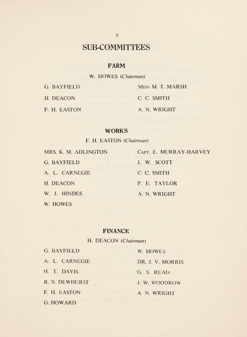 SUB-COMMITTEES FARM W. HOWES 0Chairman) G. BAYFIELD H. DEACON F. H. EASTON Miss M, T. MARSH C. C. SMITH A. N. WRIGHT WORKS F. H. EASTON (Chairman) MRS. K. M. ADLINGTON G. BAYFIELD A. L. CARNEGIE H. DEACON W. J. HINDES W. HOWES Capt. E. MURRAY-HARVEY J. W. SCOTT C. C. SMITH P. E, TAYLOR A. N. WRIGHT FINANCE H. DEACON (Chairman) G. BAYFIELD A. L. CARNEGIE H. T. DAVIS R. N. DEWHURST F. H. EASTON W. HOWES DR. J. V. MORRIS G. S. READ J. W. WOODROW A N. WRIGHT G. HOWARD