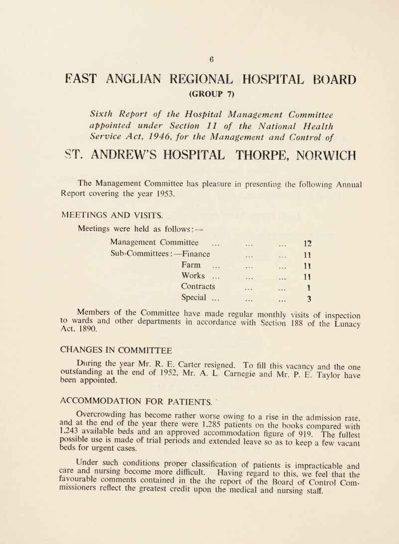 FAST ANGLIAN REGIONAL HOSPITAL BOARD (GROUP 7) Sixth Report of the Hospital Management Committee appointed under Section 11 of the National Health Service Act, 1946, for the Management and Control of ST. ANDREW’S HOSPITAL THORPE, NORWICH The Management Committee has pleasure in presenting the following Annual Report covering the year 1953. MEETINGS AND VISITS. Meetings were held as follows: — Management Committee Sub-Committees: —Finance Farm Works ... Contracts Special ... 12 11 11 11 1 3 Members of the Committee have made regular monthly visits of inspection to wards and other departments in accordance with Section 188 of the Lunacv Act, 1890. J CHANGES IN COMMITTEE During the year Mr. R. E. Carter resigned. To fill this vacancy and the one outstanding at the end of 1952, Mr. A. L. Carnegie and Mr. P. E Tavlor have been appointed. ACCOMMODATION FOR PATIENTS. * Overcrowding has become rather worse owing to a rise in the admission rate and at the end of the year there were 1,285 patients on the books compared with 1,245 available beds and an approved accommodation figure of 919. The fullest possible use is made of trial periods and extended leave so as to keep a few vacant beds tor urgent cases. Under such conditions proper classification of patients is impracticable and care and nursing become more difficult. Having regard to this, we feel that the favourable comments contained in the the report of the Board of Control Com¬ missioners reflect the greatest credit upon the medical and nursing staff.