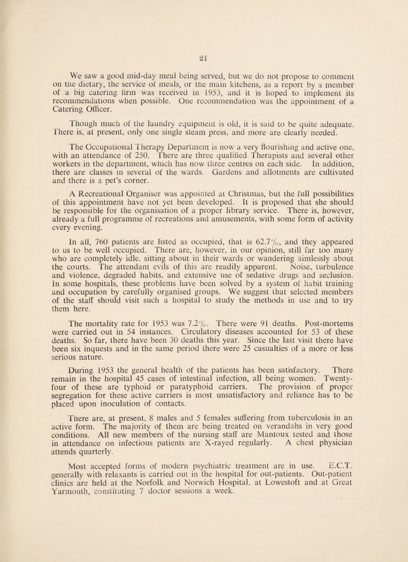 We saw a good mid-day meal being served, but we do not propose to comment on tne dietary, the service of meals, or the main kitchens, as a report by a member of a big catering hrm was received in 1953, and it is hoped to implement its recommendations when possible. One recommendation was the appointment of a Catering Officer. Though much of the laundry equipment is old, it is said to be quite adequate. There is, at present, only one single steam press, and more are clearly needed. The Occupational Therapy Department is now a very flourishing and active one, with an attendance of 250. fhere are three qualified Therapists and several other workers in the department, which has now three centres on each side. In addition, there are classes m several of the wards. Gardens and allotments are cultivated and there is a pet’s corner. A Recreational Organiser was appointed at Christmas, but the full possibilities of this appointment have not yet been developed. It is proposed that she should be responsible for the organisation of a proper library service. There is, however, already a full programme of recreations and amusements, with some form of activity every evening. In all, 760 patients are listed as occupied, that is 62,7%, and they appeared to us to be well occupied. There are, however, in our opinion, still far too many who are completely idle, sitting about in their wards or wandering aimlessly about the courts. The attendant evils of this are readily apparent. Noise, turbulence and violence, degraded habits, and extensive use of sedative drugs and seclusion. In some hospitals, these problems have been solved by a system of habit training and occupation by carefully organised groups. We suggest that selected members of the staff should visit such a hospital to study the methods in use and to try them here. The mortality rate for 1953 was 7.2%. There were 91 deaths. Post-mortems were carried out in 54 instances. Circulatory diseases accounted for 53 of these deaths. So far, there have been 30 deaths this year. Since the last visit there have been six inquests and in the same period there were 25 casualties of a more or less serious nature. During 1953 the general health of the patients has been satisfactory. There remain in the hospital 45 cases of intestinal infection, all being women. Twenty- four of these are typhoid or paratyphoid carriers. The provision of proper segregation for these active carriers is most unsatisfactory and reliance has to be placed upon inoculation of contacts. There are, at present, 8 males and 5 females suffering from tuberculosis in an active form. The majority of them are being treated on verandahs in very good conditions. All new members of the nursing staff are Mantoux tested and those in attendance on infectious patients are X-rayed regularly. A chest physician attends quarterly. Most accepted forms of modern psychiatric treatment are in use. E.C.T. generally with relaxants is carried out in the hospital for out-patients. Out-patient clinics are held at the Norfolk and Norwich Hospital, at Lowestoft and at Great Yarmouth, constituting 7 doctor sessions a week.