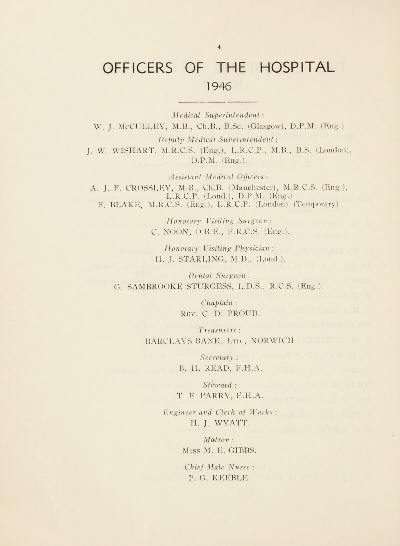 OFFICERS OF THE HOSPITAL 1946 Medical Superint endent : W. J. McCULLEY, M.B., Ch.B., B.Sc. (Glasgow), D.P.M. (Eng.) Deputy Medical Superintendent : J. W. WISHART, M.R.C.S. (Eng.), E.R.C.P., M.B., B.S. (London), D.P.M. (Eng.). Assistant Medical Officers : A. j. F. CROSSLEY, M.B., Ch.B. (Manchester), M.R.C.S. (Eng.), L.R.C.P. (Lond.), D.P.M. (Eng.) F. BLAKE, M.R.C.S. (Eng.), L.R.C.P. (London) (Temporary). Honorary Visiting Surgeon : C. NOON, O.B.E., F.R.C.S. (Eng.). Honorary Visiting Physician : H. J. STARLING, M.D., (Lond.). Dental Surgeon : G. SAMBROOKE STURGESS, L.D.S., R.C.S. (Eng.). Chaplain : Rev. C. D. PROUD. Treasurers : BARCLAYS BANK, Ltd., NORWICH Secretary : B. H. READ, F.H.A. Steward : T. E. PARRY, F.H.A. Engineer and Clerk of Works : H. J. WYATT. Matron : Miss M. E. GIBBS. Chief Male Nurse : P. G. KEEBLE