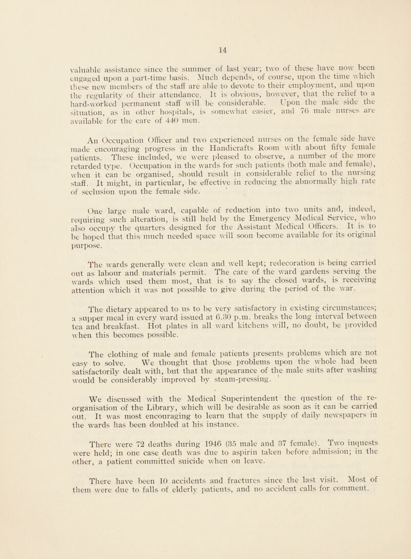 valuable assistance since the summer of last year; two of these have now been engaged upon a part-time basis. Much depends, of course, upon the time which these new members of the staff are able to devote to their employment, and upon the regularity of their attendance. It is obvious, however, that the relief to a hard-worked permanent staff will be considerable. Upon the male side the situation, as in other hospitals, is somewhat easier, and 76 male nurses are available for the care of 440 men. An Occupation Officer and two experienced nurses on the female side have made encouraging progress in the Handicrafts Room with about fifty female patients. These included, we were pleased to observe, a number of the more retarded type. Occupation in the wards for such patients (both male and female), when it can be organised, should result in considerable relief to the nursing staff. It might, in particular, be effective in reducing the abnormally high rate of seclusion upon the female .side. One large male ward, capable of reduction into two units and, indeed, requiring such alteration, is still held by the Emergency Medical Service, who also occupy the quarters designed for the Assistant Medical Officers. It is to be hoped that this; much needed .space will soon become available for its original purpose. The wards generally were clean and well kept; redecoration is being carried out as labour and materials permit. The care of the ward gardens serving the wards which used them most, that is to say the closed wards, is receiving attention which it was not possible to give during the period of the war. The dietary appeared to us to be very satisfactory in existing circumstances; a supper meal in every ward issued at 6.30 p.m. breaks the long interval between tea and breakfast. Hot plates in all ward kitchens will, no doubt, be provided when this becomes possible. The clothing of male and female patients presents problems which are not easy to solve. We thought that those problems upon the whole had been satisfactorily dealt with, but that the appearance of the male suits after washing would be considerably improved by steam-pressing. We discussed with the Medical Superintendent the question of the re¬ organisation of the Library, which will be desirable as soon as it can be carried out. It was most encouraging to learn that the supply of daily newspapers in the wards has been doubled at his instance. There were 72 deaths during 1946 (35 male and 37 female). Two inquests were held; in one case death was due to aspirin taken before admission; in the other, a patient committed suicide when on leave. There have been 10 accidents and fractures since the last visit. Most of them were due to falls of elderly patients, and no accident calls for comment.
