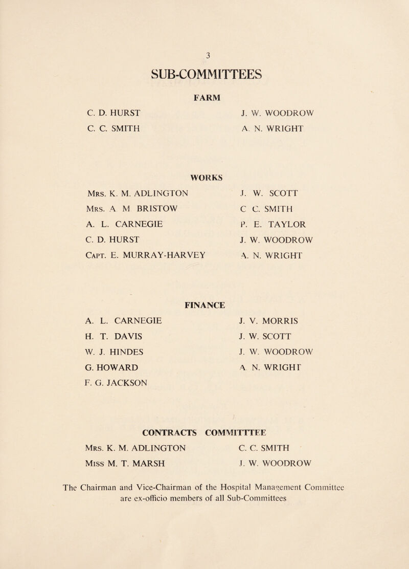 SUB-COMMITTEES FARM C. D. HURST J. W. WOODROW C C SMITH A. N. WRIGHT WORKS Mrs. K. M. ADLINGTON J. W. SCOTT Mrs. a M BRISTOW C C. SMITH A. L. CARNEGIE F. E. TAYLOR C. D. HURST J. W. WOODROW Capt. E. MURRAY-HARVEY A. N. WRIGHT FINANCE A. L. CARNEGIE J. V. MORRIS H. T. DAVIS J. W. SCOTT W. J. HINDES J. W. WOODROW G. HOWARD A N. WRIGHT F. G. JACKSON CONTRACTS COMMITTTEE Mrs. K. M. ADLINGTON C. C. SMITH Miss M. T, MARSH J. W. WOODROW The Chairman and Vice-Chairman of the Hospital Mana<7ement Committee are ex-officio members of all Sub-Committees