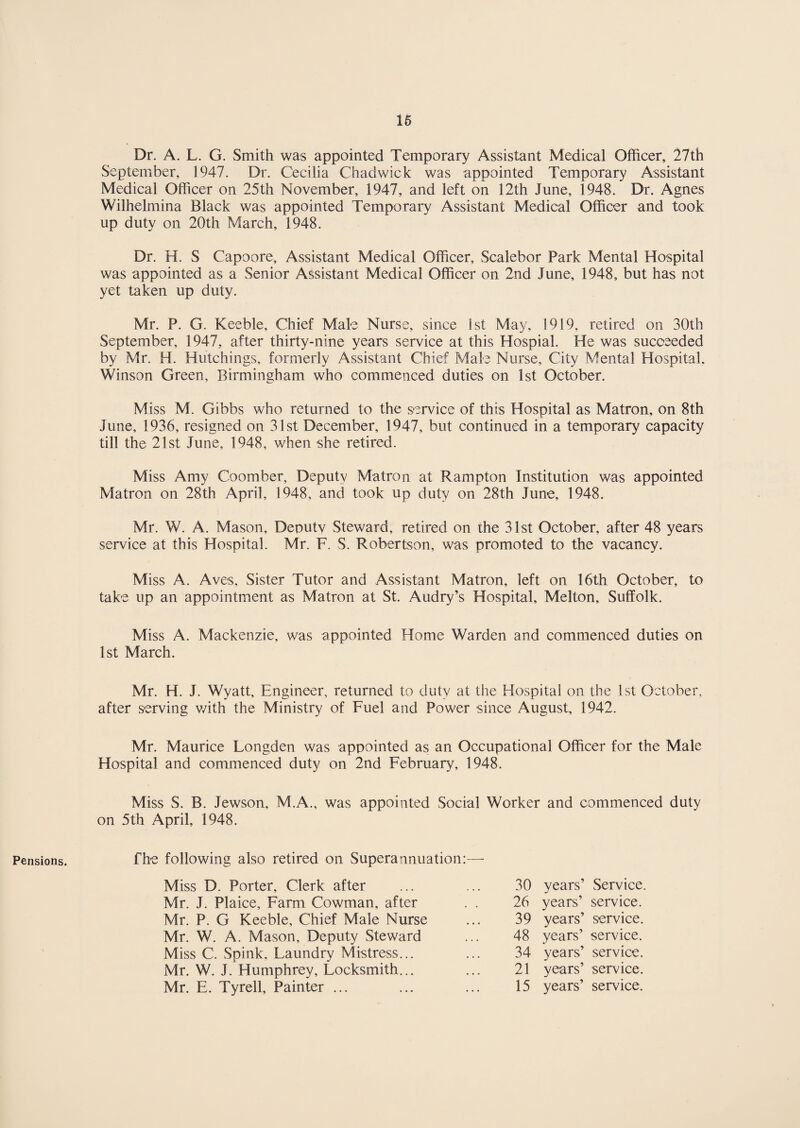 Dr. A. L. G. Smith was appointed Temporary Assistant Medical Officer, 27th September, 1947. Dr. Cecilia Chadwick was appointed Temporary Assistant Medical Officer on 25th November, 1947, and left on 12th June, 1948. Dr. Agnes Wilhelmina Black was appointed Temporary Assistant Medical Officer and took up duty on 20th March, 1948. Dr. H. S Capoore, Assistant Medical Officer, Scalebor Park Mental Hospital was appointed as a Senior Assistant Medical Officer on 2nd June, 1948, but has not yet taken up duty. Mr. P. G. Keeble, Chief Male Nurse, since 1st May, 1919, retired on 30th September, 1947, after thirty-nine years service at this Hospial. He was succeeded by Mr. H. Hutchings, formerly Assistant Chief Male Nurse, City Mental Hospital. Winson Green, Birmingham who commenced duties on 1st October. Miss M. Gibbs who returned to the service of this Hospital as Matron, on 8th June, 1936, resigned on 31st December, 1947, but continued in a temporary capacity till the 21st June, 1948, when she retired. Miss Amy Coomber, Deputy Matron at Rampton Institution was appointed Matron on 28th April, 1948, and took up duty on 28th June, 1948. Mr. W. A. Mason, Deputv Steward, retired on the 31st October, after 48 years service at this Hospital. Mr. F. S. Robertson, was promoted to the vacancy. Miss A. Aves, Sister Tutor and Assistant Matron, left on 16th October, to take up an appointment as Matron at St. Audry’s Hospital, Melton, Suffolk. Miss A. Mackenzie, was appointed Home Warden and commenced duties on 1st March. Mr. H. J. Wyatt, Engineer, returned to duty at the Hospital on the 1st October, after serving with the Ministry of Fuel and Power since August, 1942. Mr. Maurice Longden was appointed as an Occupational Officer for the Male Hospital and commenced duty on 2nd February, 1948. Miss S. B. Jewson, M.A., was appointed Social Worker and commenced duty on 5th April, 1948. Pensions. fhe following also retired on Superannuation: Mr. J. Plaice, Farm Cowman, after Mr. P. G Keeble, Chief Male Nurse Mr. W. A. Mason, Deputy Steward Miss C. Spink. Laundry Mistress... Mr. W. J. Humphrey, Locksmith... Mr. E. Tyrell, Painter ... Miss D. Porter, Clerk after 30 years’ Service. 26 years’ service. 39 years’ service. 48 years’ service. 34 years’ service. 21 years’ service. 15 years’ service.