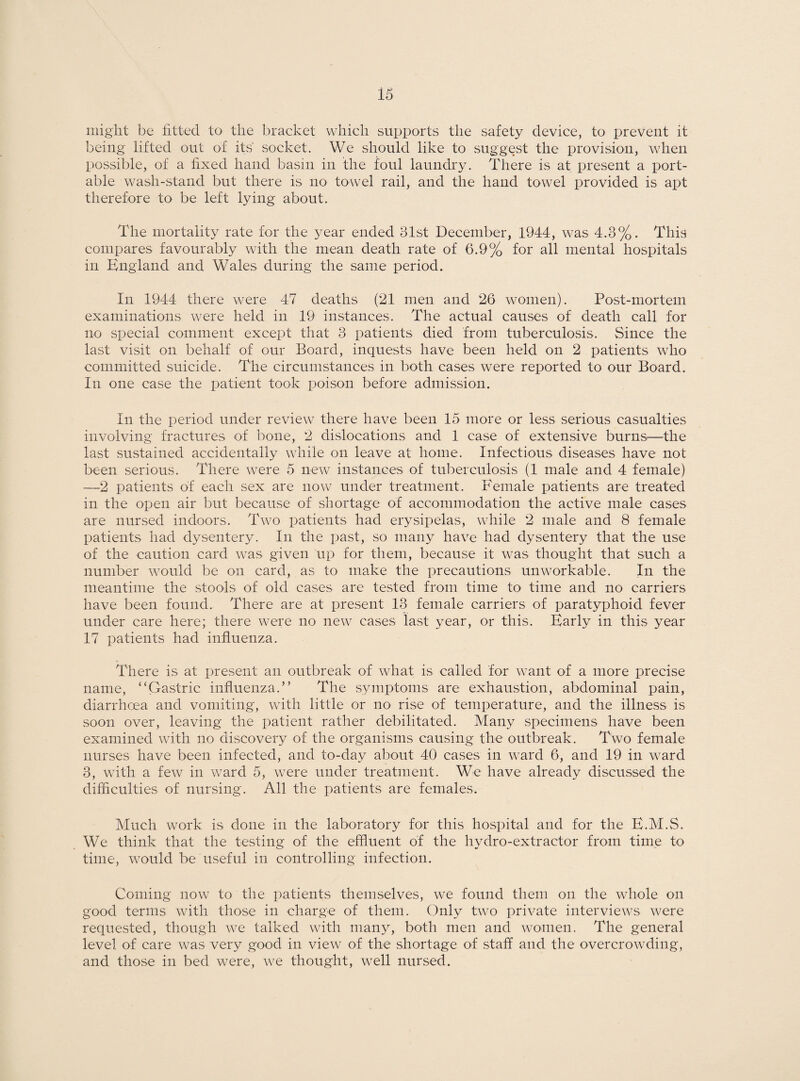 might be fitted to the bracket which supports the safety device, to prevent it being lifted out of its' socket. We should like to suggest the provision, when possible, of a fixed hand basin in the foul laundry. There is at present a port¬ able wash-stand but there is no towel rail, and the hand towel provided is apt therefore to be left lying about. The mortality rate for the year ended 31st December, 1944, was 4.3%. This compares favourably with the mean death rate of 0.9% for all mental hospitals in England and Wales during the same period. In 1944 there were 47 deaths (21 men and 26 women). Post-mortem examinations were held in 19 instances. The actual causes of death call for no special comment except that 3 patients died from tuberculosis. Since the last visit on behalf of our Board, inquests have been held on 2 patients who committed suicide. The circumstances in both cases were reported to our Board. In one case the patient took poison before admission. In the period under review there have been 15 more or less serious casualties involving fractures of bone, 2 dislocations and 1 case of extensive burnsr—the last sustained accidentally while on leave at home. Infectious diseases have not been serious. There were 5 new instances of tuberculosis (1 male and 4 female) —2 patients of each sex are now under treatment. Female patients are treated in the open air but because of shortage of accommodation the active male cases are nursed indoors. Two patients had erysipelas, while 2 male and 8 female patients had dysentery. In the past, so many have had dysentery that the use of the caution card was given up for them, because it was thought that such a number would be on card, as to make the precautions unworkable. In the meantime the stools of old cases are tested from time to time and no carriers have been found. There are at present 13 female carriers of paratyphoid fever under care here; there were no new cases last year, or this. Early in this year 17 patients had influenza. There is at present an outbreak of what is called for want of a more precise name, “Gastric influenza.” The symptoms are exhaustion, abdominal pain, diarrhoea and vomiting, with little or no rise of temperature, and the illness is soon over, leaving the patient rather debilitated. Many specimens have been examined with no discovery of the organisms causing the outbreak. Two female nurses have been infected, and to-day about 40 cases in ward 6, and 19 in ward 3, with a few in ward 5, were under treatment. We have already discussed the difficulties of nursing. All the patients are females. Much work is done in the laboratory for this hospital and for the E.M.S. We think that the testing of the effluent of the hydro-extractor from time to time, would be useful in controlling infection. Coming now to the patients themselves, we found them on the whole on good terms with those in charge of them. Only two private interviews were requested, though we talked with many, both men and women. The general level of care was very good in view of the shortage of staff and the overcrowding, and those in bed were, we thought, well nursed.