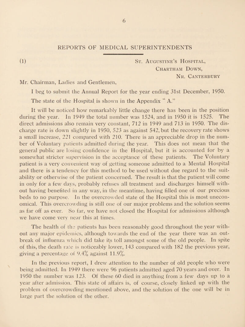 REPORTS OF MEDICAL SUPERINTENDENTS (1) St. Augustine’s Hospital, Chartham Down, Nr. Canterbury Mr. Chairman, Ladies and Gentlemen, I be^ to submit the Annual Report for the year ending 31st December, 1950. The state of the Hospital is shown in the Appendix “ A.” It will be noticed how remarkably little change there has been in the position during the year. In 1949 the total number was 1524, and in 1950 it is 1525. The direct admissions also remain very constant, 712 in 1949 and 713 in 1950. The dis¬ charge rate is down slightly in 1950, 523 as against 542, but the recovery rate shows a small increase, 221 compared with 210. There is an appreciable drop in the num¬ ber of Voluntary patients admitted during the year. This does not mean that the general public are losing conhdence in the Hospital, but it is accounted for by a somewhat stricter supervision in the acceptance of these patients. The Voluntary patient is a very convenient way of getting someone admitted to a Mental Hospital and there is a tendency for this method to be used without due regard to the suit¬ ability or otherwise of the patient concerned. The result is that the patient will come in only for a few days, probably refuses all treatment and discharges himself with¬ out having benelited in any way, in the meantime, having hlled one of our precious beds to no purpose. In the overcrowded state of the Hospital this is most unecon¬ omical. This overcrowding is still one of our major problems and the solution seems as far off as ever. So far, we have not closed the Hospital for admissions although we have come very near this at times. The health of the patients has been reasonably good throughout the year with¬ out any major epidemics, although towards the end of the year there was an out¬ break of influenza which did take its toll amongst some of the old people. In spite of this, the death rate is noticeably lower, 143 compared with 182 the previous year, giving a percentage of 9.4% against 11.9%. In the previous report, I drew attention to the number of old people who were being admitted. In 1949 there were 96 patients admitted aged 70 years and over. In 1950 the number was 123. Of these 60 died in anything from a few days up to a year after admission. This state of affairs is, of course, closely linked up with the problem of overcrowding mentioned above, and the solution of the one will be in large part the solution of the other.