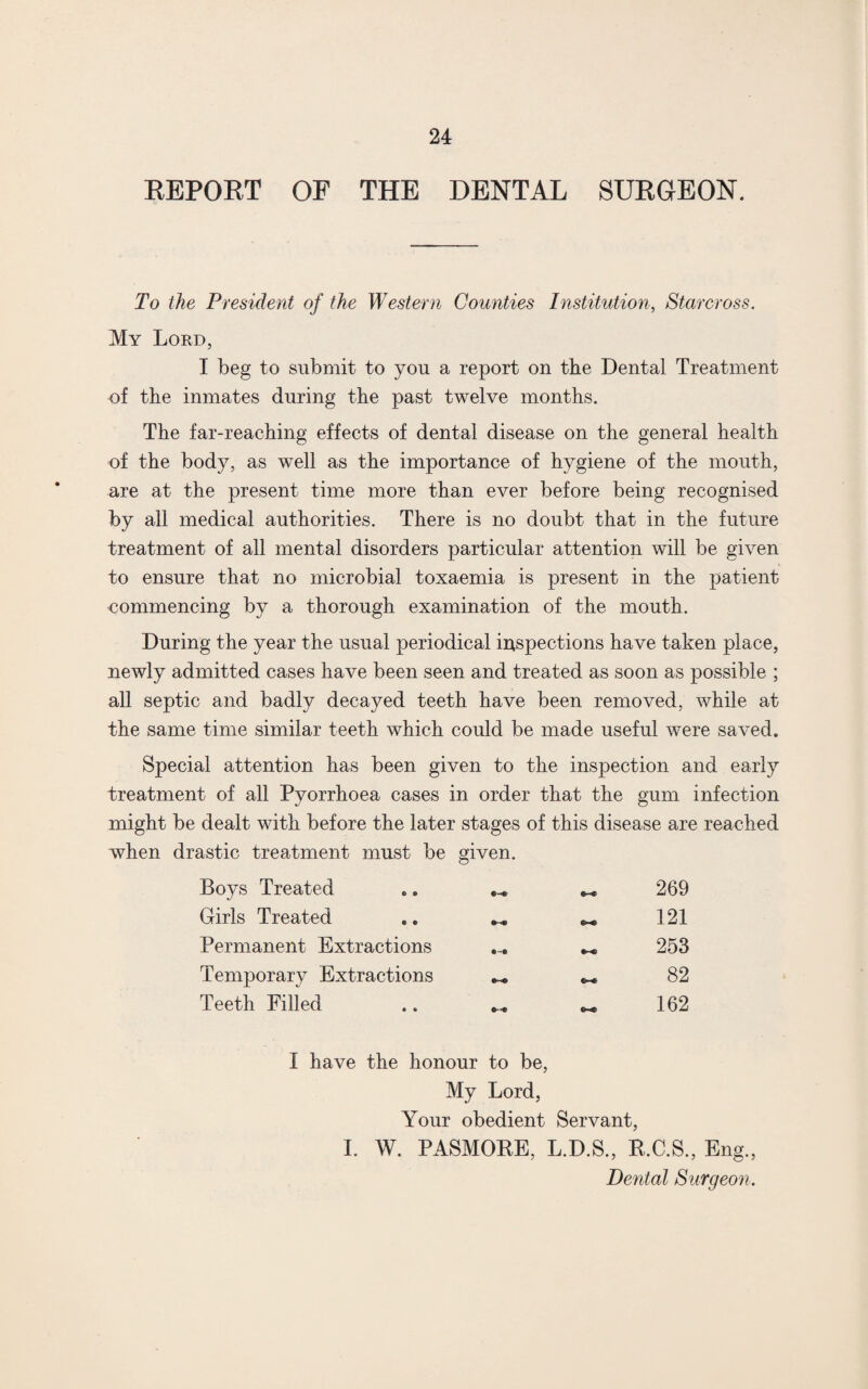 REPORT OF THE DENTAL SURGEON. To the President of the Western Counties Institution, Starcross. My Lord, I beg to submit to you a report on the Dental Treatment of the inmates during the past twelve months. The far-reaching effects of dental disease on the general health of the body, as well as the importance of hygiene of the mouth, are at the present time more than ever before being recognised by all medical authorities. There is no doubt that in the future treatment of all mental disorders particular attention will be given to ensure that no microbial toxaemia is present in the patient commencing by a thorough examination of the mouth. During the year the usual periodical inspections have taken place, newly admitted cases have been seen and treated as soon as possible ; all septic and badly decayed teeth have been removed, while at the same time similar teeth which could be made useful were saved. Special attention has been given to the inspection and early treatment of all Pyorrhoea cases in order that the gum infection might be dealt with before the later stages of this disease are reached when drastic treatment must be given. Boys Treated 269 Girls Treated 121 Permanent Extractions 253 Temporary Extractions 82 Teeth Filled c-.fi- 162 I have the honour to be, My Lord, Your obedient Servant, I. W. PASMORE, L.D.S., R.C.S., Eng., Dental Surgeon.