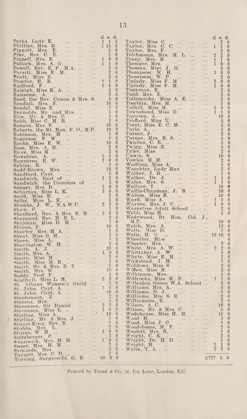 £ s. d. £ s. d. Perks, Lady E. . i 1 0 Taylor, Miss C. 2 6 Phillips, Mrs. M. i 10 0 Taylor, Mrs. C. C. ... i 1 0 Piggott, Mrs. E. 5 0 Taylor, Mrs. F. 3 0 Pike, Rev. C. E. 5 0 Teichmann, Mrs. M. L. 2 2 0 Pinnell, Mrs. E. . i 0 0 Tenny, Mrs. M. 1 1 0 Pollock, Mrs. A. G. i 1 0 Thesiger, Mrs. 1 0 0 Powell, Rev. E. P.. M.A. 2 6 Thomas, Miss J. M. 5 0 Porritt, Miss E. M. . 2 6 Thompson, W. H. ... 1 0 0 Pratt, Miss E. . 2 6 Thompson. W. P. 2 6 Proctor. H. R. . i 1 0 Tiplady. Miss F. M 2 0 0 Radford, F. i 6 0 Tiplady, Miss F. M. 1 0 0 Raleigh, Miss K. A. 5 0 Tissyman, R. 2 6 Ransome, A. 2 6 Todd. Mrs. E. 2 6 Reed, the Rev. Canon & Mrs. S. 5 0 Tollemache, Miss A. E. 2 6 Rendall, Mrs. F. 10 0 Tomblin, Mrs. M. 5 0 Rendel, Miss E. . 5 0 Tothill, Miss M. 5 0 0 Reynolds. Mr. and Mrs. 5 0 Townshend. Miss D 1 1 0 Rice. Mr. & Mrs. C. . 5 0 Toynbee, A. 10 0 Robb, Miss C. M. R. . 2 6 Trafford. Miss N. ... 5 0 Robson, Mrs. F. ... . 10 0 Trent, Miss E. C. M. 5 0 Roberts, the Rt. Hon. F. 0., M.P. 10 0 Turle, A. 5 0 Robinson, Mrs. H . 1 0 Turner, J. . ... 2 6 Roger son F. W. 5 0 Turner, Mrs. R. S. ... 5 0 Rooke. Miss E. W. 10 0 Twaites, C. E. ... 5 0 Ross, Mrs. A. M. 2 6 Twigg, Miss E. ,,, ... 5 0 Rove. Miss M. 2 6 Tyler, Miss . ... 2 6 Rowntree. A. i 1 0 Unwin, S. . ... ... 10 0 Rowntree. R. W. i 0 0 Vowles, M. H. 2 6 Sabine, E. . 5 0 Wadling, Miss A. 5 0 Sadd-Brown. Mrs. 10 0 Waechter. Lady Max ... .. . 2 6 Sandford, Capt. . 5 0 Walker, J. B. ... 1 0 Sandwich, Earl of. i 1 0 Walker, Dr. J. 1 1 0 Sandwich, the Countess of 5 0 Wales, Mrs. S. 1 1 0 Sanger. Mrs. D. . i 0 0 Wallace. T. . 10 0 Schartau, Miss L. K. . 3 0 0 Wallis-Chapman, J. B. ... 10 0 Scott, Miss W. . 2 6 Walton. Miss E. 10 0 Selby, Miss L. K. 5 0 Ward. Miss A. 1 0 0 Shanks, j. W„ N.A.W.TI. 2 2 0 Warren, Mrs. J. C. ... 1 0 0 Shaw, C. ... 1 0 Wavertree Adult School 2 6 Shepherd, Rev. & Mrs. R. M. ... 5 0 0 Webb, Miss H. 6 0 Sheppard, Rev. H. R. L. 2 6 Wedgwood, Rt. Hon. Col. J-, Shipman. Miss D. M. 1 0 M.P. ... 10 0 Shippo, P. . 10 0 Welch, Mrs. A. 12 6 Shorlev. Mrs. H. A. 1 6 Wells, Miss D. ... 5 0 Skeat, Miss B. M. 2 6 Wells. H. G-.. 10 10 0 Skeen, Miss L. Pt 0 Wheetley, Miss ... 6 Skevington, W. H. ... 2 6 Wheeler. Mrs. ... ... 2 6 Smith, A. J. 10 6 White, Mrs. A. W. ... ... 2 2 0 Smith, Mrs. A. ... 1 0 0 Whittaker. A. W ... 5 0 Smith, Miss M 2 6 Whyte, Miss E. M. ... 2 6 Smith. Miss M. R. 5 0 Wickstead. J. H. 2 6 Smith, Mr. & Mrs. R. T. 5 0 Widdows, Miss S 2 6 Smith, Mrs. W. 10 0 JViffen, Miss M. ... 2 6 Soddy, Prof. F. . 5 0 Wilkinson, Mrs. 5 0 Southall, Miss L. H. . 2 2 0 Willcocks, Miss M. P. 1 1 0 St Albans Women’s Guild ... 5 0 Willesden Green W.A. School 5 0 St. John, Capt. A. 1 0 0 Williams, Mrs. A. 5 0 S+. John, Capt. A. 10 0 Williams. D. J. .5 0 Stephenson, J. . Stevens, Mrs. 2 5 6 0 Williams, Mrs. S. R. Williamson, R. 2 2 6 6 Stevenson, Sir Daniel . 2 2 0 Wilson, A. C. 10 0 Stevenson. Miss L. ... 1 0 0 Wilson, Mr. & Mrs. C. 5 0 Stirling, Miss A. 10 0 Wodehouse, Miss H. M. 10 0 Stirling. Mr. & Mrs. J. 5 0 Wood H. 6 0 Stuart-King, Rev. R 2 6 Wood. Miss J. C. ... ... 5 0 Stubbs, Mrs. L. 2 6 Wood-Jones. M. F. ... ... 2 6 Storge. W. H. ... 1 0 0 Woolett, Mrs. B. 5 0 Snltzberger. C. . 3 0 Wright, C. K. 2 6 Swanwiek, Mrs. H. M. 1 0 0 Wright, Dr. H. D. ... 5 0 Sweet, Mrs. H. M. ... ... ... 2 6 Wright, H. 1 1 0 Symonds, Mrs . 5 q Wylie, T. A. 2 2 0 Targett, Mrs. C. D ... ... 2 6 Tarring, Surgeon-Lt. G. B. 40 0 0 £727 5 8 Printed by Trend & Co., 26, Ivy Lane, London, E.C.