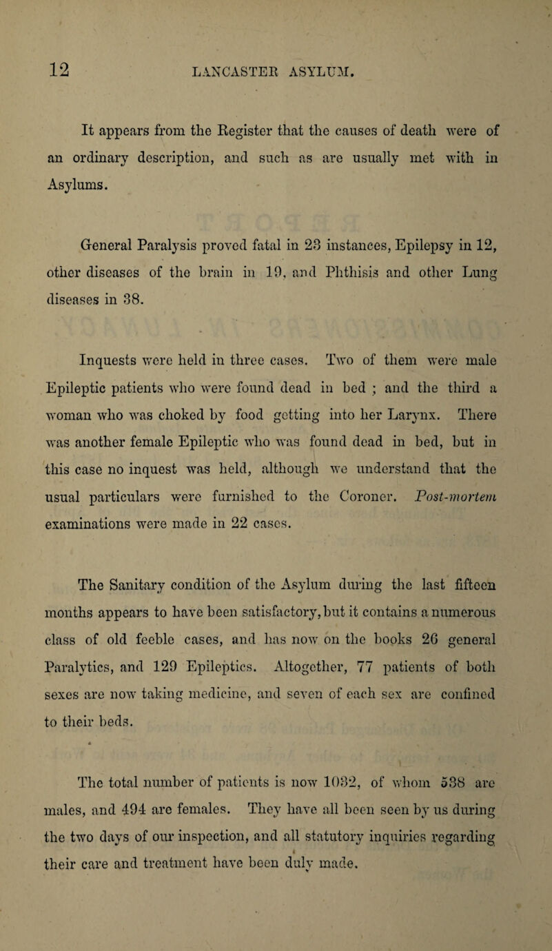 It appears from the Register that the causes of death were of an ordinary description, and such as are usually met with in Asylums. General Paralysis proved fatal in 23 instances, Epilepsy in 12, other diseases of the brain in 10, and Phthisis and other Lung diseases in 38. Inquests were held in three cases. Two of them were male Epileptic patients who were found dead in bed ; and the third a woman who was choked by food getting into her Larynx. There was another female Epileptic who was found dead in bed, but in this case no inquest was held, although we understand that the usual particulars were furnished to the Coroner. Post-mortem examinations were made in 22 cases. The Sanitary condition of the Asylum during the last fifteen months appears to have been satisfactory, but it contains a numerous class of old feeble cases, and has now on the books 26 general Paralytics, and 129 Epileptics. Altogether, 77 patients of both sexes are now taking medicine, and seven of each sex are confined to their beds. The total number of patients is now 1032, of whom 538 are males, and 494 are females. They have all been seen by us during the two days of our inspection, and all statutory inquiries regarding * their care and treatment have been duly made.