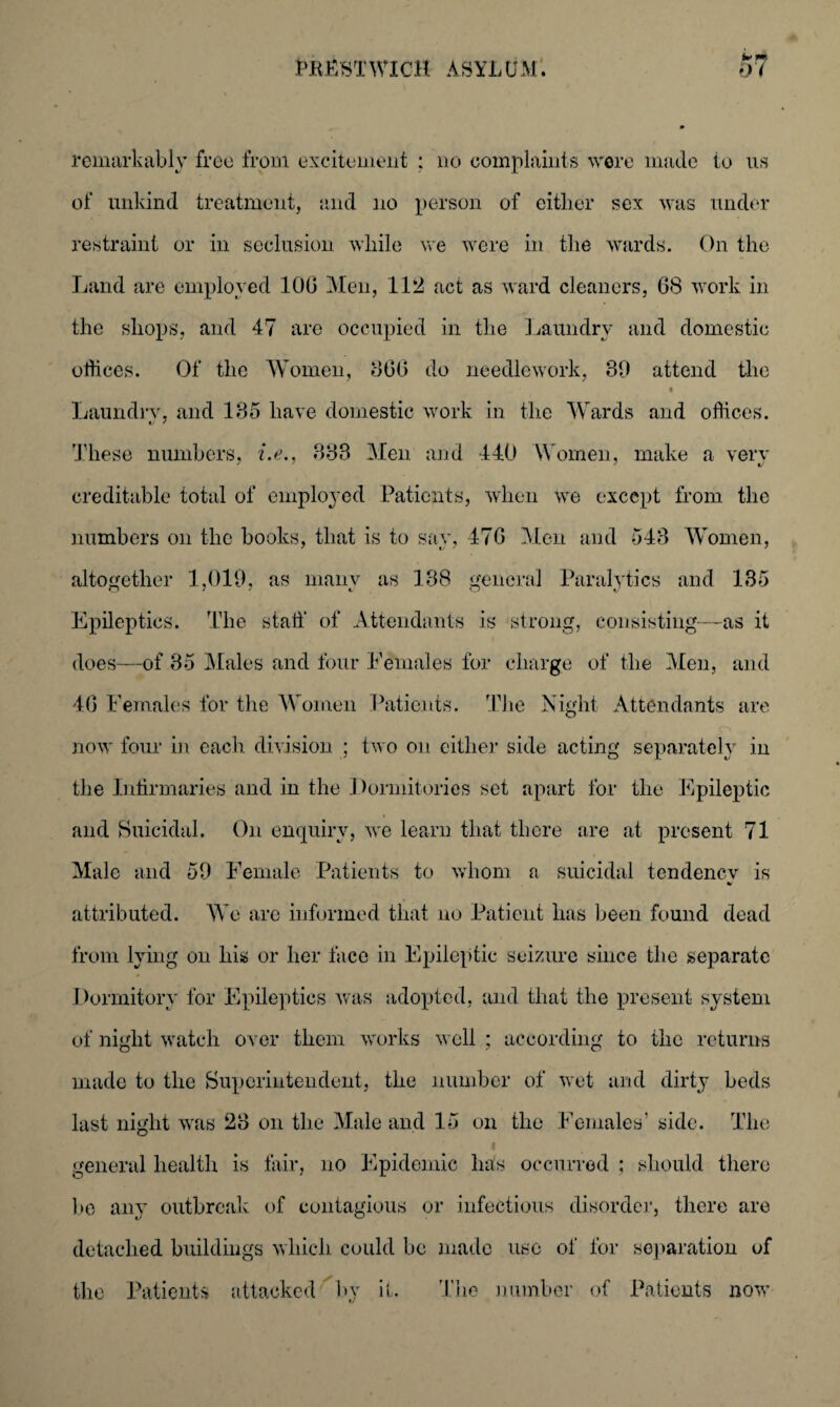 WttfsmVICH ASYLUM. o7 remarkably free from excitement ; no complaints wore made to us of unkind treatment, and no person of either sex was under restraint or in seclusion while we were in the wards. On the Land are employed 100 Men, 112 act as ward cleaners, 08 work in the shops, and 47 are occupied in the Laundry and domestic odices. Of the Women, 800 do needlework, 89 attend the Laundry, and 185 have domestic work in the Wards and offices. These numbers, i.e., 838 Men and 440 Women, make a very creditable total of employed Patients, when we except from the numbers on the books, that is to say, 470 Men and 543 Women, altogether 1,019, as many as 138 general Paralytics and 135 Epileptics. The staff of Attendants is strong, consisting—as it does—of 35 Males and four Females for charge of the Men, and 40 Females for the Women Patients. The Night Attendants are now four in each division ; two on either side acting separately in the Infirmaries and in the Dormitories set apart for the Epileptic and Suicidal. On enquiry, we learn that there are at present 71 Male and 59 Female Patients to whom a suicidal tendenev is attributed. We are informed that no Patient has been found dead from lying on his or her face in Epileptic seizure since the separate Dormitory for Epileptics was adopted, and that the present system of night watch over them works well ; according to the returns made to the Superintendent, the number of wet and dirty beds last night was 28 on the Male and 15 on the Females’ side. The general health is fair, no Epidemic hits occurred ; should there l»e any outbreak of contagious or infectious disorder, there are detached buildings which could be made use of for separation of the Patients attacked by if. The number of Patients now