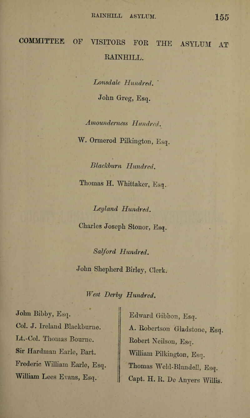 COMMITTEE OP VISITORS FOR THE ASYLUM AT RAINHILL. Lonsdale Hundred. John Greg, Esq. Amounderness Hundred. W. Ormerod Pilkington, Esq. Blackburn Hundred. Thomas H. Whittaker, Esq. Leyland Hundred. Charles Joseph Stonor, Esq. Salford Hundred. John Shepherd Birley, Clerk. West Derby Hundred. John Bibby, Esq. Col. J. Ireland Blackburne. Lt.-Col. Thomas Bourne. Sir Hardman Earle, Bart. Frederic William Earle, Esq. William Lees Evans, Esq. Edward Gibbon, Esq. A. Bobertson Gladstone, Esq. Robert Neilson, Esq. William Pilkington, Esq. Thomas Weld-Blundell, Esq. Capt. H. R. Be Anyers Willis.